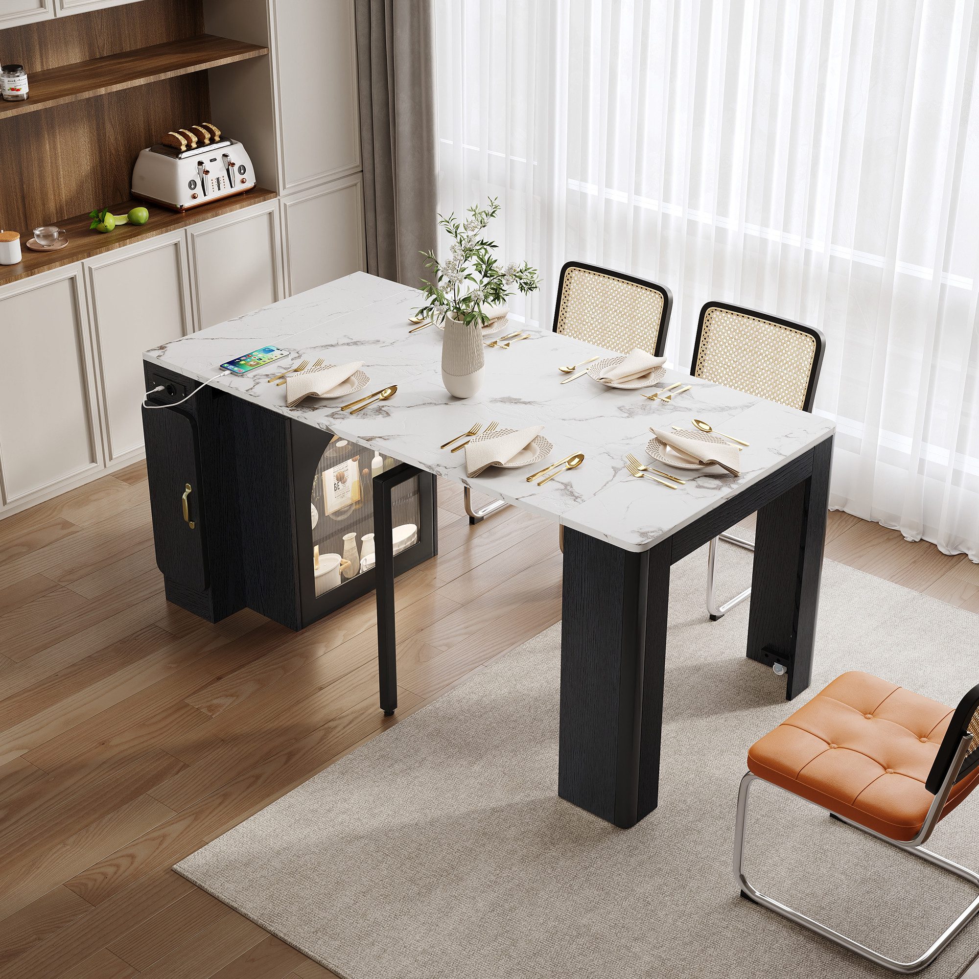 Flieks Kücheninsel mit Steckdosenleisten und LED-Beleuchtung inkl. ausziehbarer Esstisch, (Arbeitsplatte in Marmoroptik, 80x39,6-149,6 cm), Küchenschrank mit Glastüren & erweiterbar Tisch mit Rollen Schwarz