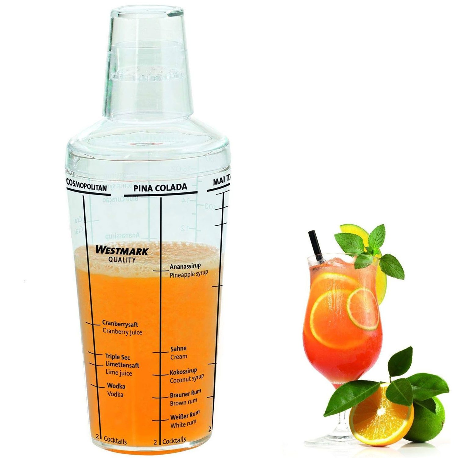 WESTMARK Cocktail Shaker mit 5 aufgedruckten Cocktail-Rezepten, Füllvolumen: 0,5 l, Casablanca, Acryl, BPA-frei