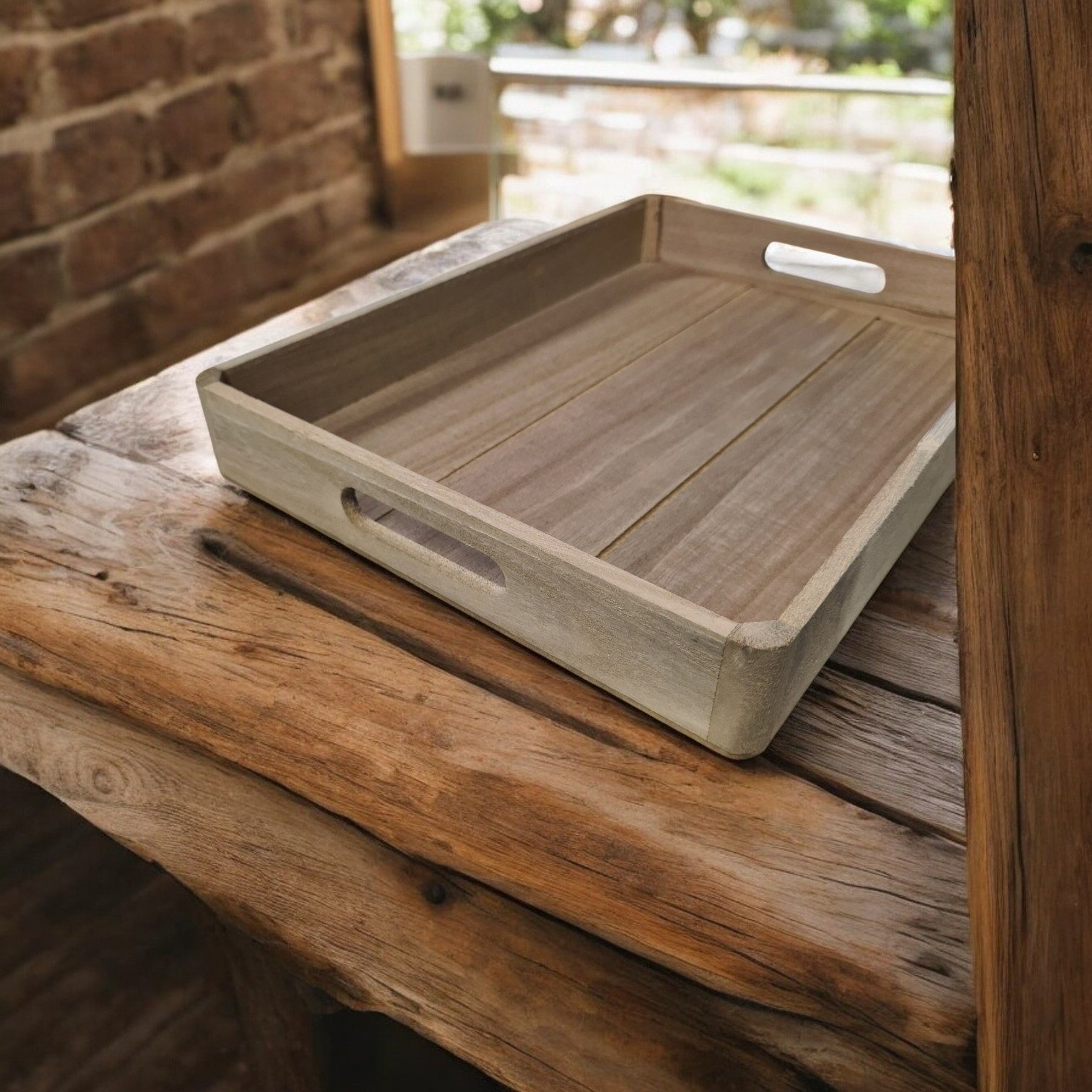 Macosa Home Dekotablett Holztablett Grau 36 cm Holz rechteckig mit Griffen Tablett (Obsttablett Wohn-Accessoire modern), Tisch-Dekoration Kerzenteller Servierplatte