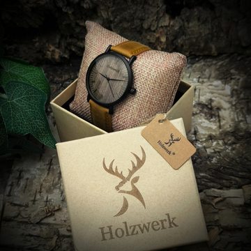 Holzwerk Quarzuhr NECKAR Damen & Herren Holz Uhr mit Leder Armband in braun, schwarz, flaches 4 mm Gehäuse