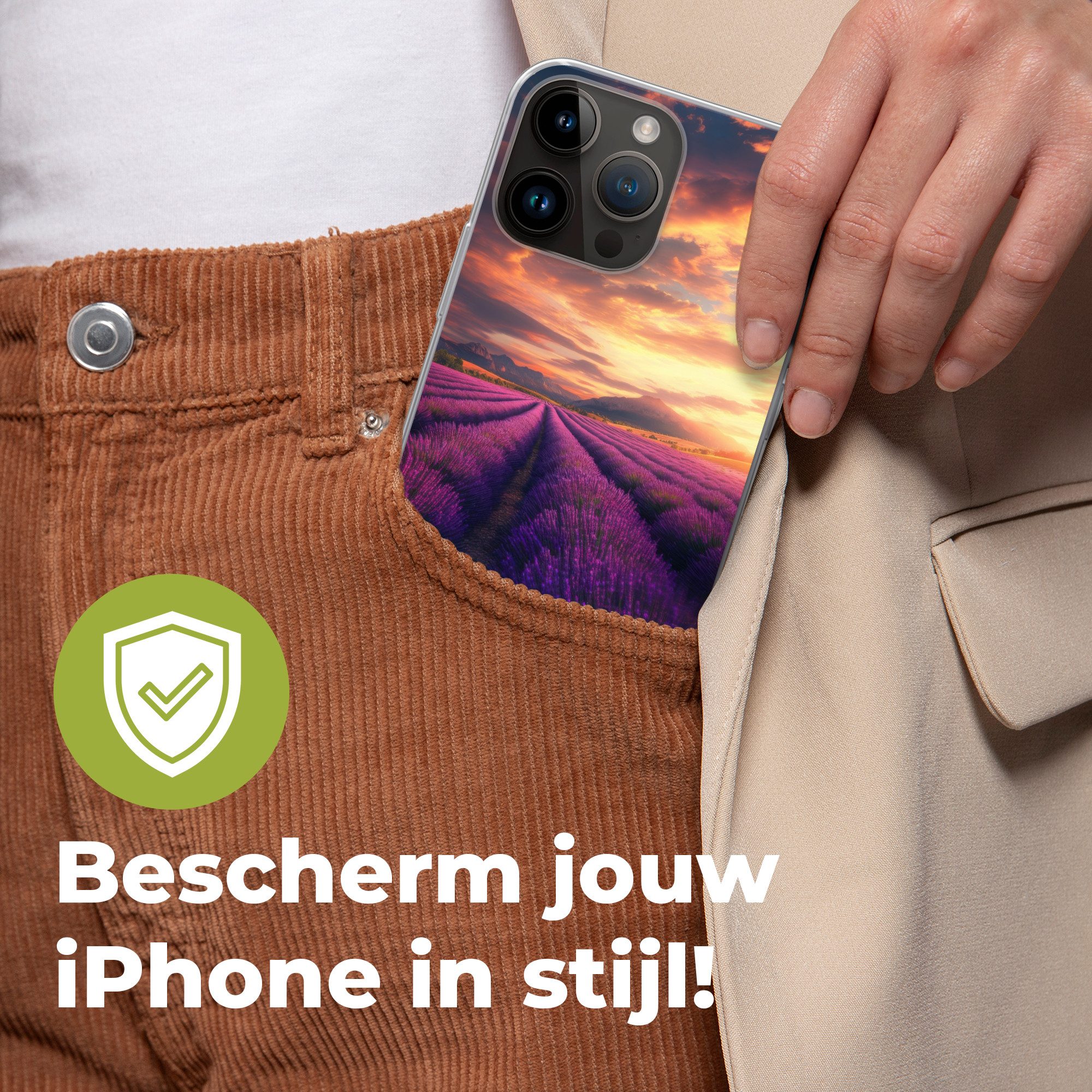 MuchoWow Handyhülle für Apple iPhone 14 Pro Max Lavendelfeld - Sonnenuntergang - Lila, Smartphone-Bumper, Print, Handy Schutzhülle Dünn