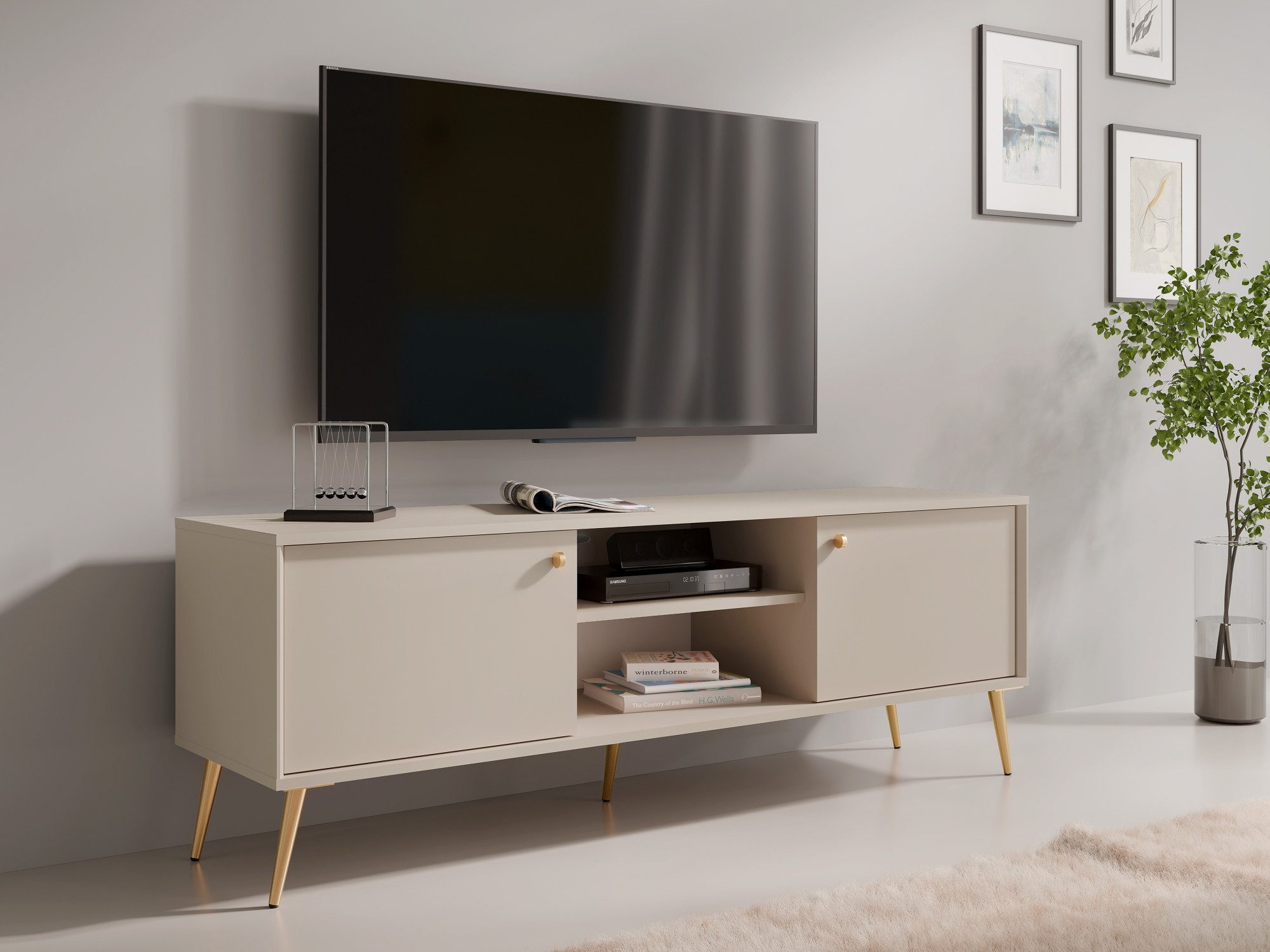 Home affaire Lowboard ROMELIS TV-Schrank mit 2 Türen und einem Fach, B/T/H: 156/40,5/54,8 cm, Beige TV-Kommode mit goldenen Akzenten, viel Stauraum