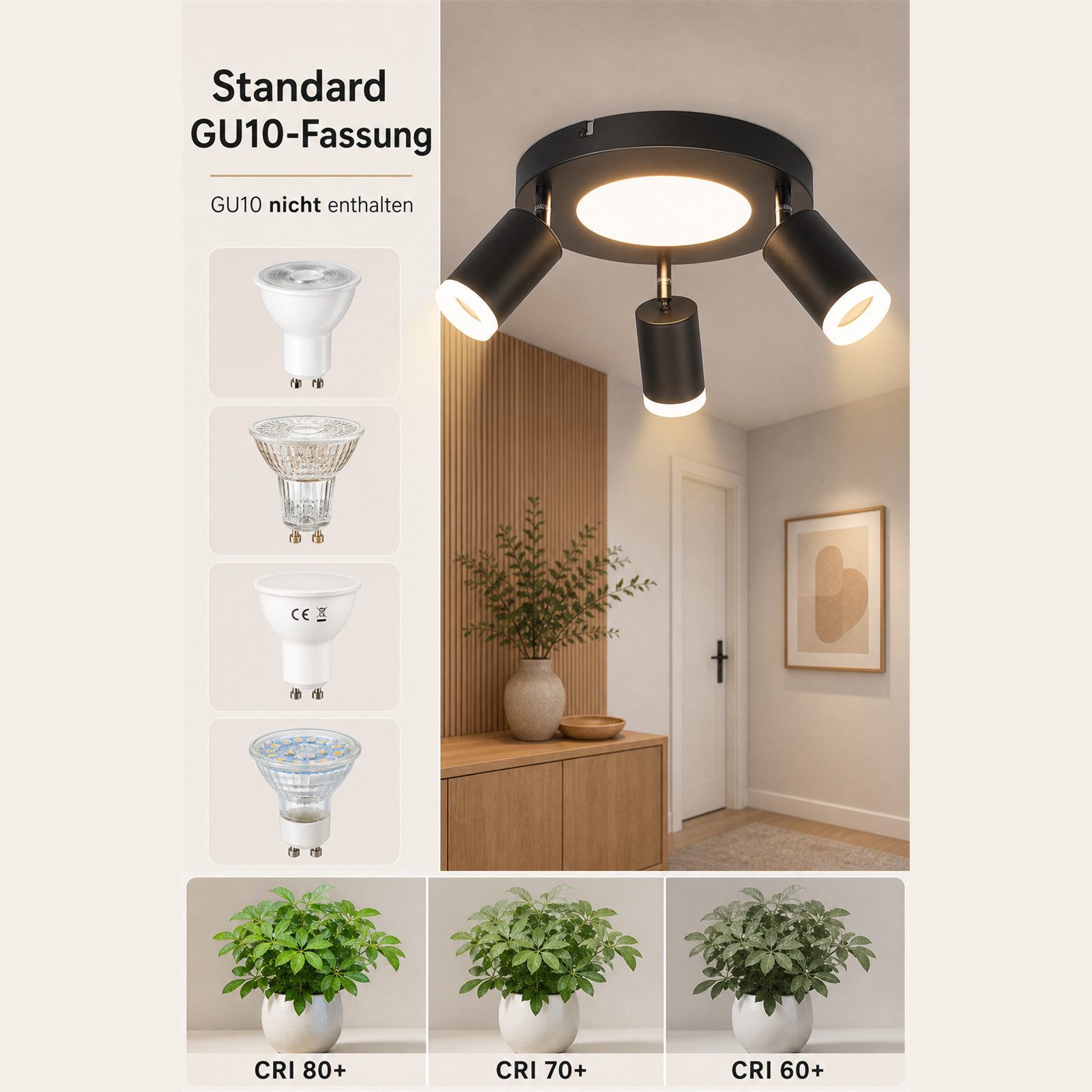 ZMH Deckenstrahler 3 Flammig Schwarz/Weiß GU10 Deckenlampe 20W 3000K für Flur und Küche, Warmweiß – Bild 4 von 5