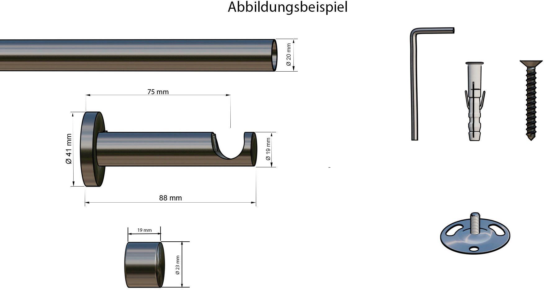 Bohren, 20 Gardinenstange Ø schwarz Wunschmaßlänge, mm, indeko, Komplett-Set inkl. Stahl, verschraubt, 1-läufig, mit Montagematerial Linz,