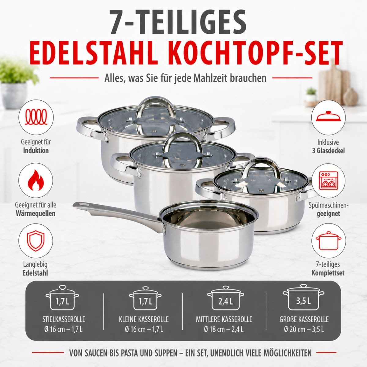 Alpina Pfannen-Set Alpina Pfannenset 7-teilig - Edelstahl Pfannenset mit Glasdeckel