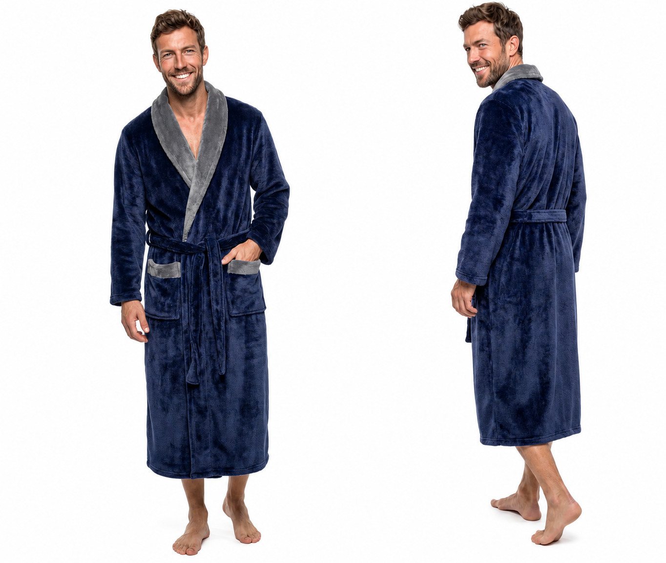 Rungassi Herrenbademantel Exklusiver Herren Bademantel Coral Fleece Blau-Grau Schalkragen 8218, 100 % Polyester
