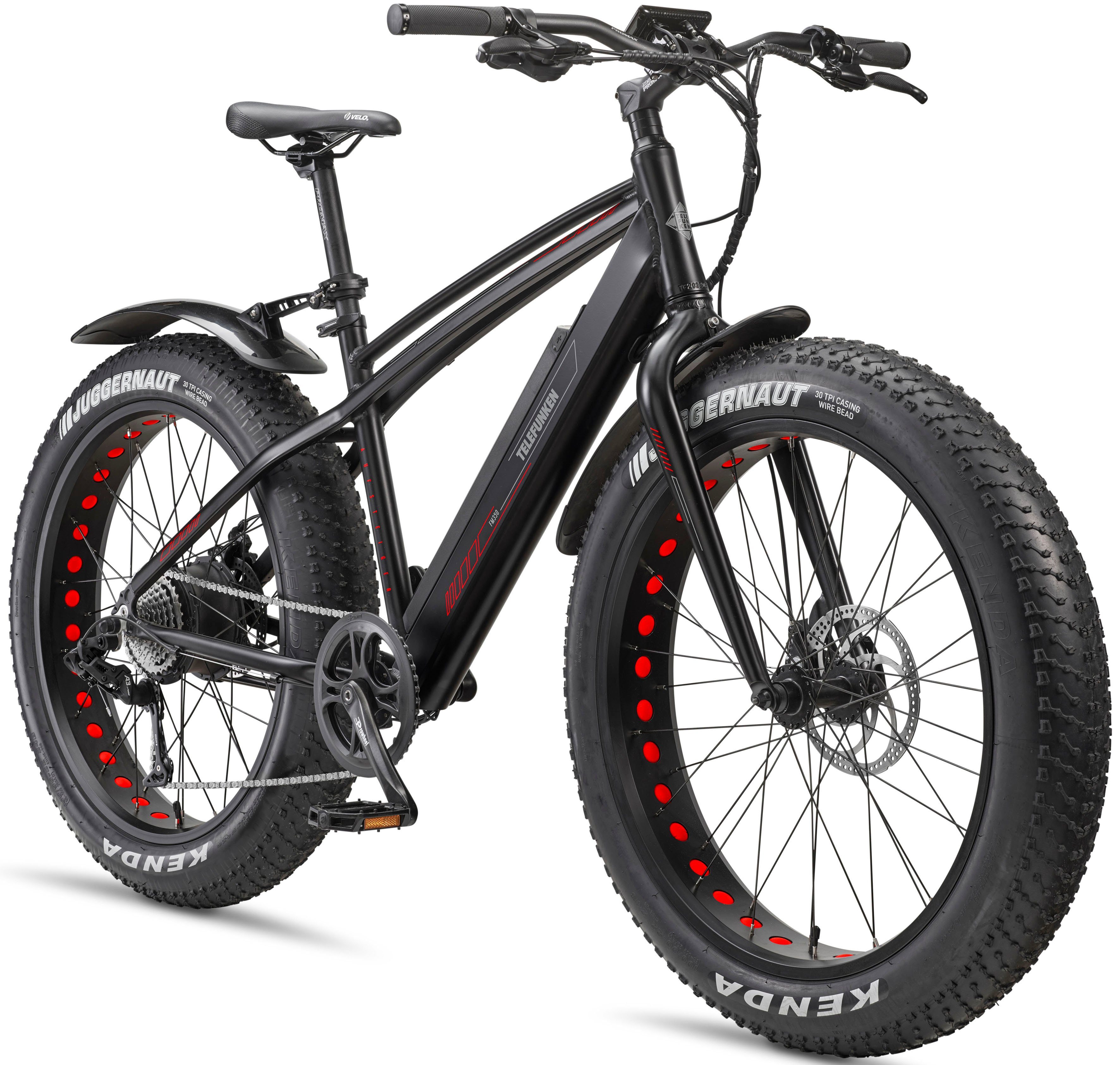 Telefunken E-Bike Mountainbike Aufsteiger FM350, 8 Gang, Kettenschaltung, Heckmotor, 576 Wh, (26 Zoll x 4,00 Breitreifen, Geländebike off road, ca. 100km Reichweite), Pedelec, Elektrofahrrad für Damen u. Herren, MTB