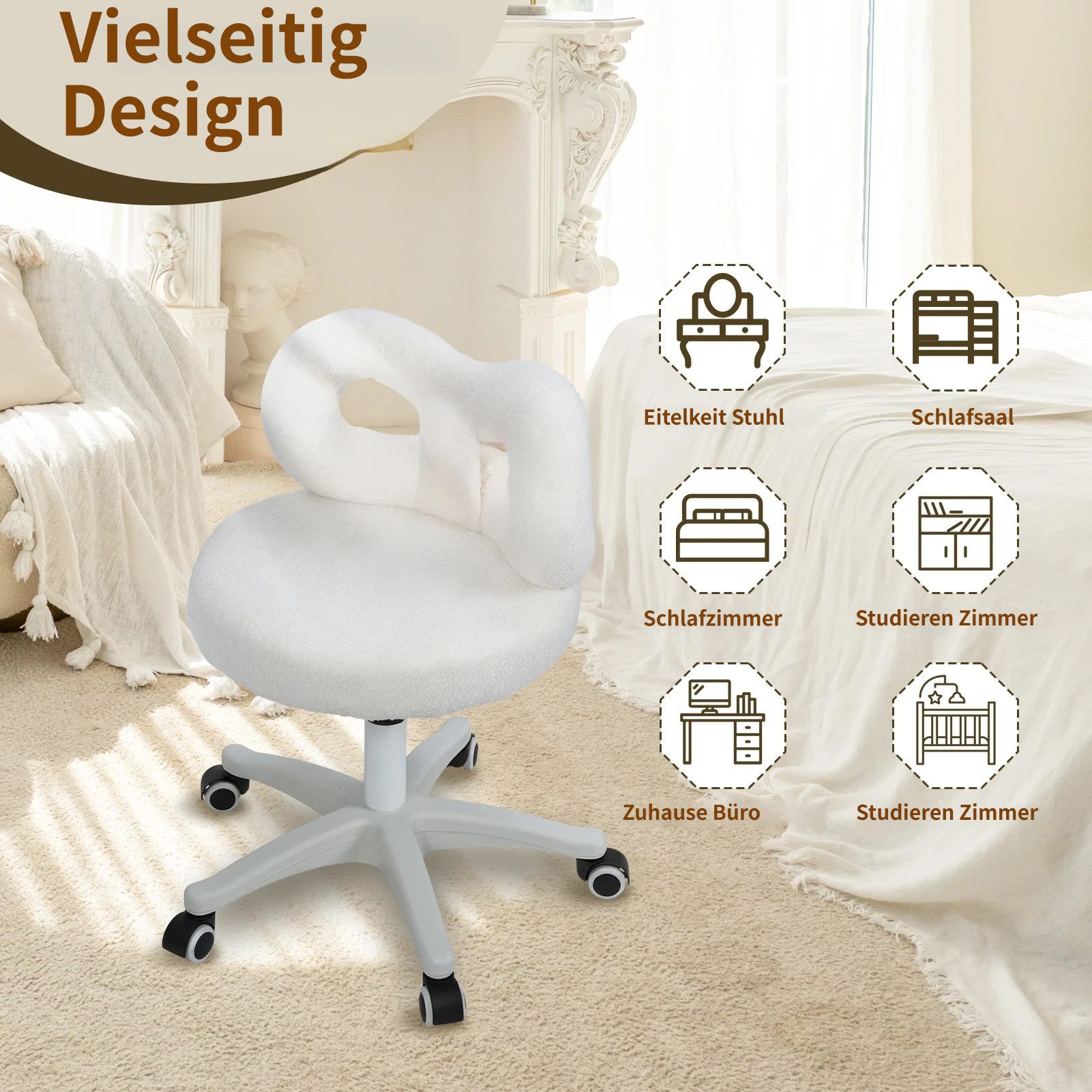 Rutaqian Drehstuhl Drehbarer Schminkstuhl mit Höhenverstellung,Plüschbezug und Schleife, Drehbarer Schminkstuhl Höhenverstellbar 21,67 "bis 25,61"
