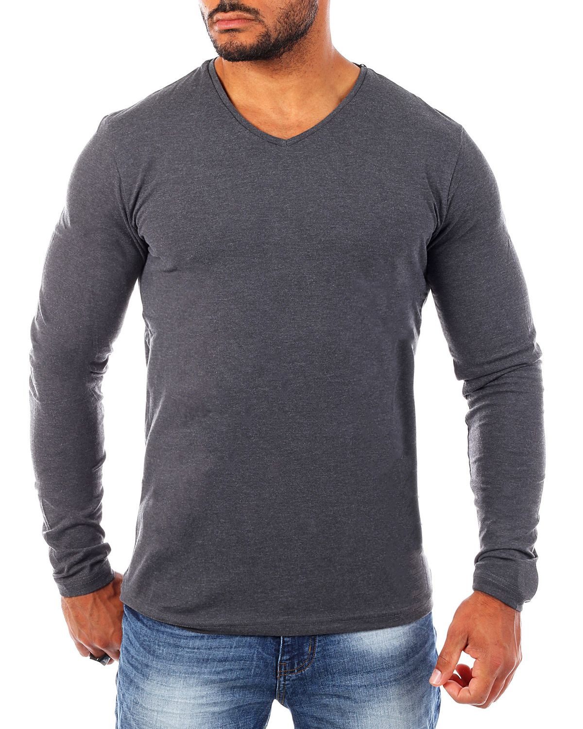 Young & Rich Langarmshirt Herren Uni Basic Longsleeve V-Ausschnitt V-Neck Unterziehshirt 2001 Rundhalsauschnitt unifarben langarm slim fit