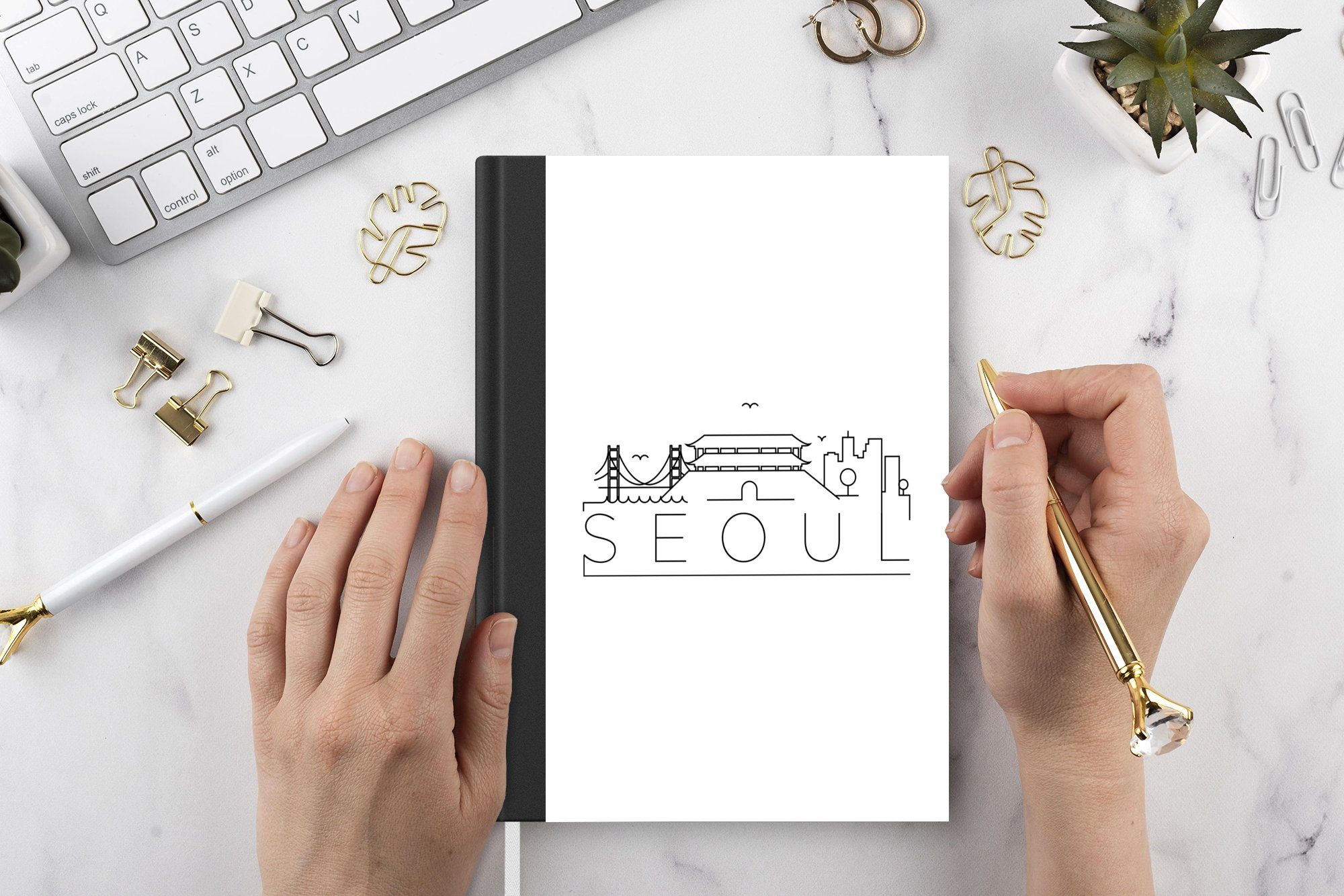 98 MuchoWow weißem Journal, Merkzettel, Notizbuch Notizheft, Tagebuch, "Seoul" Hintergrund, auf A5, Seiten, Skyline Haushaltsbuch