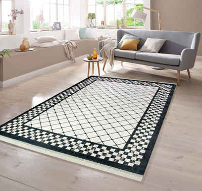 Teppich Teppich mit Rauten in schwarz creme, TeppichHome24, oval