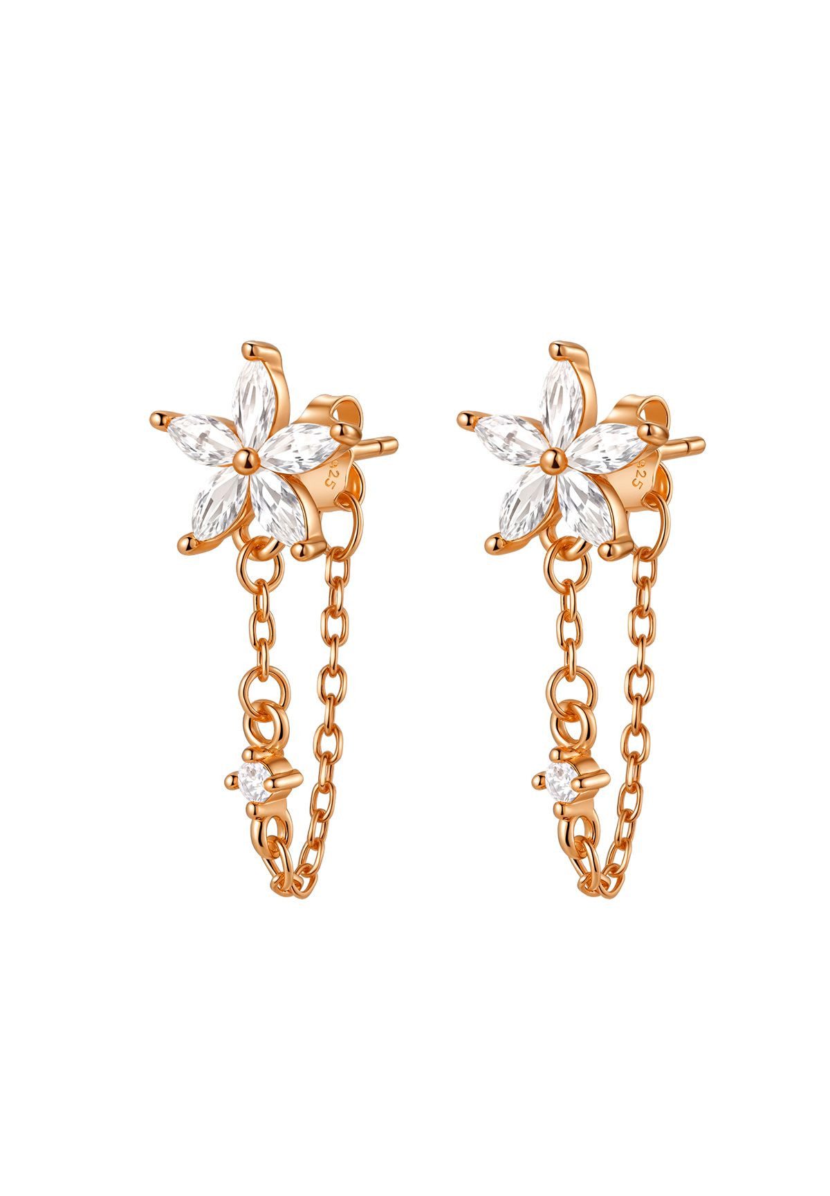 Hey Happiness Paar Ohrhänger Zirkonia Blumen Kettenohrringe, 925 Silber, Feine Hängeohrringe mit Kette vergoldet, Gold & Roségold