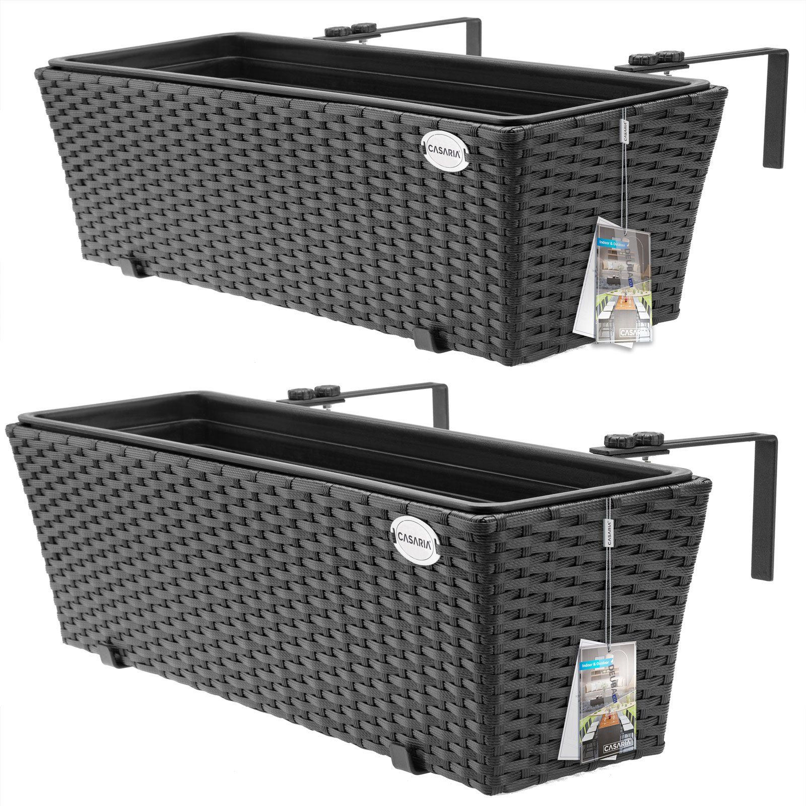 Casaria Blumenkasten, 2er Set 11 Liter Montagehalterung indoor outdoor Geländerkasten Schwarz