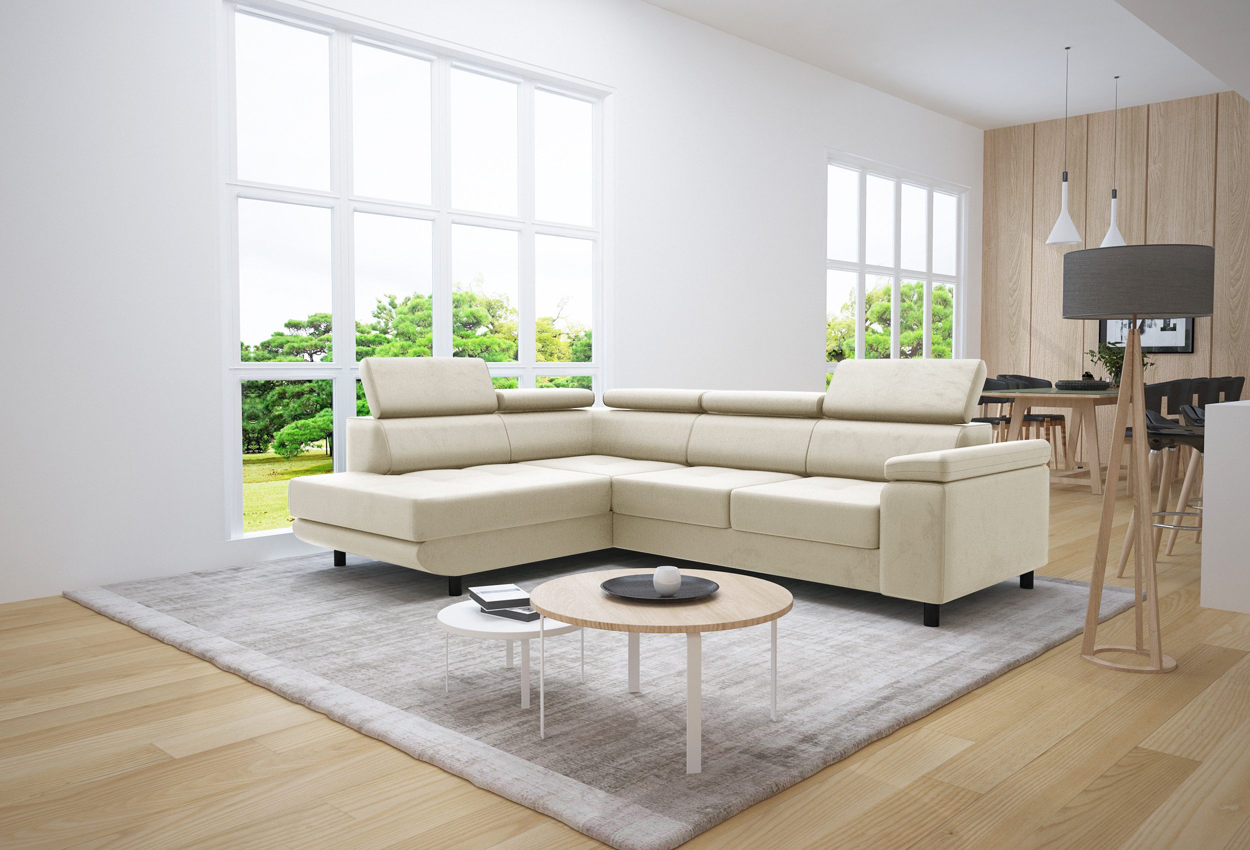 thematys Ecksofa LUNA L mit Schlaffunktion & Bettkasten – aus Velours oder Cord Stoff, mit 5 verstellbaren Kopfstützen, – L-Form 250×183 cm – Schlafsofa mit Auszug