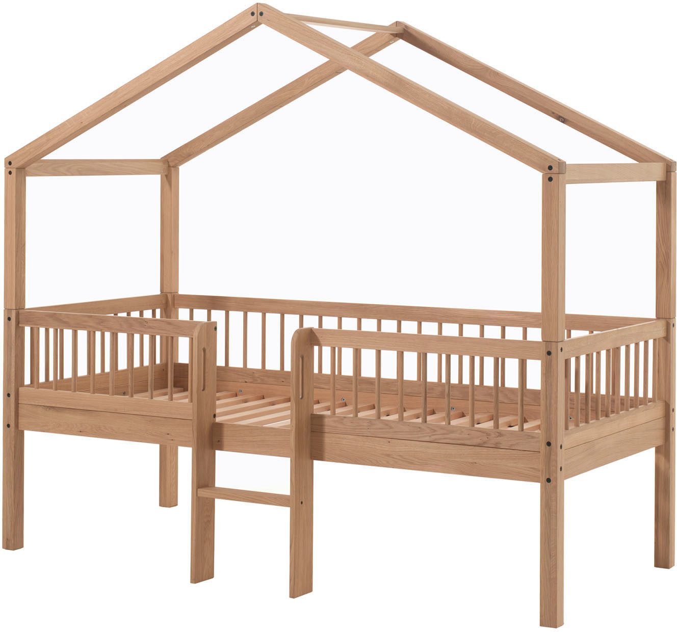 Vipack Hausbett Forrest ist ein hochwertiges Massivholz Haus Bett "Made in Europe" (inkl. Rolllattenrost, Dachaufbau, Absturzschutz und Leiter), wahlweise aus massiver Eiche geölt oder Buche massiv weiß lackiert