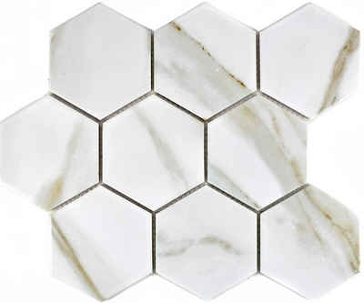 Mosani Bodenfliese 10x Mosaikfliesen Hexagonale Fliesen weiß grau Calacatta Wandfliesen, Set, 10-teilig, vielseitiges und dekorierendes Verkleidungsmaterial