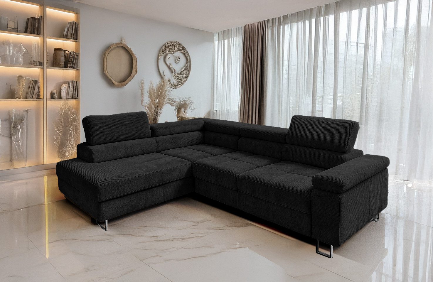Goldstoff Ecksofa mit Schlaffunktion, Cord Couch günstig online kaufen