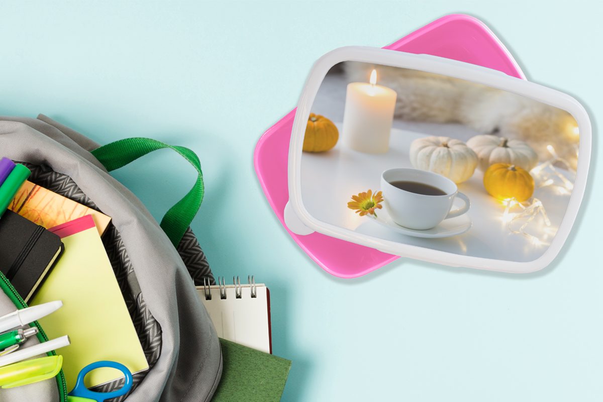 - rosa Kerze, Mädchen, Brotbox MuchoWow Lunchbox Kunststoff Kaffee Kinder, - Kürbis Brotdose (2-tlg), Kunststoff, Erwachsene, für Snackbox,