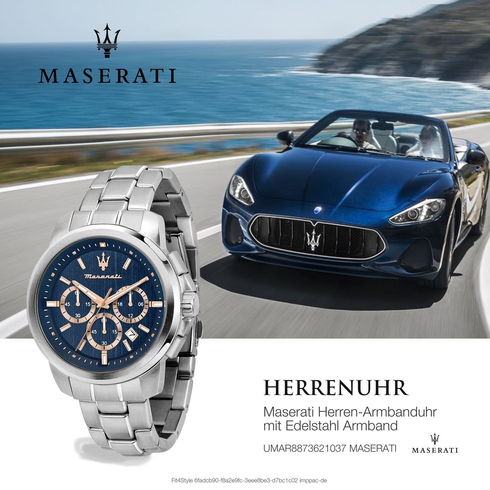 Chrono, Herrenuhr (ca. Chronograph Gehäuse, rundes 44mm) blau Maserati MASERATI Herrenuhr groß Edelstahlarmband,