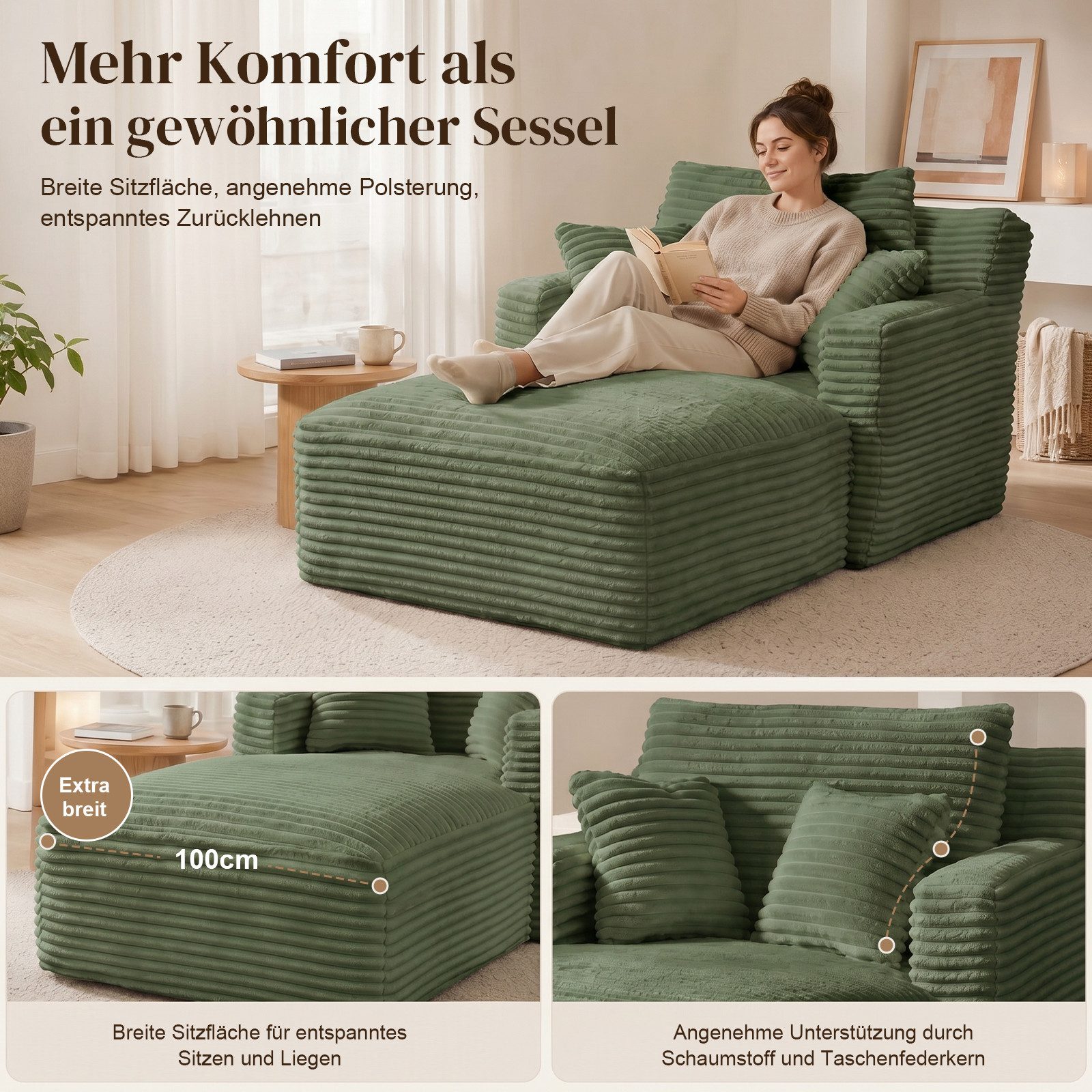 ANYSUN Loungesofa Modernes Chaiselongue-Sofa,Cord-Schlafsofa, 2 Kissen,Relaxsessel Cord, ohne Montage mit Taschenfederkern & Schaumstoffpolsterung,Loungesofa, L – Bild 5 von 5