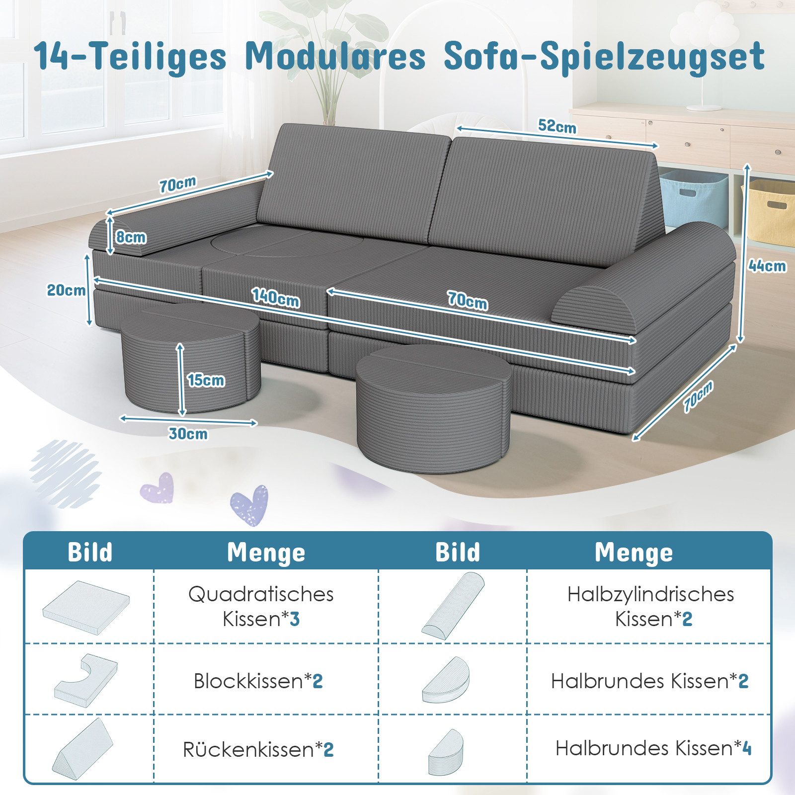 TLGREEN Kindersofa Spielsofa Cord, 14-Teiliges Modulare günstig online kaufen