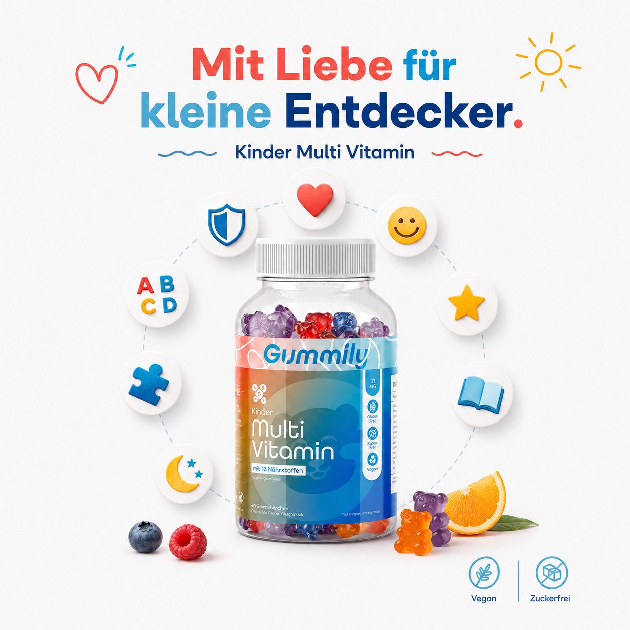 Gummily® Kinder Multivitamin Gummibärchen, 60 St., 2-Monats-Vorrat - Kinder Multi Gummies - Laborgeprüft