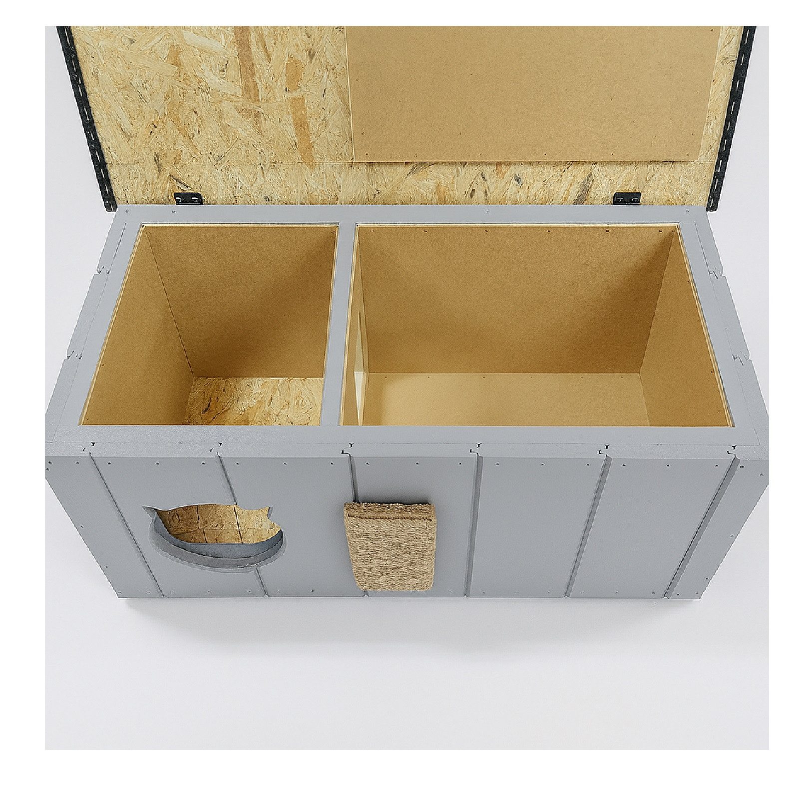 QLS Katzenhaus aus Holz Teak mit Vorraum 86x47x37cm, imprägniert wasserfest abwaschbar mit aufklappbarem Dach