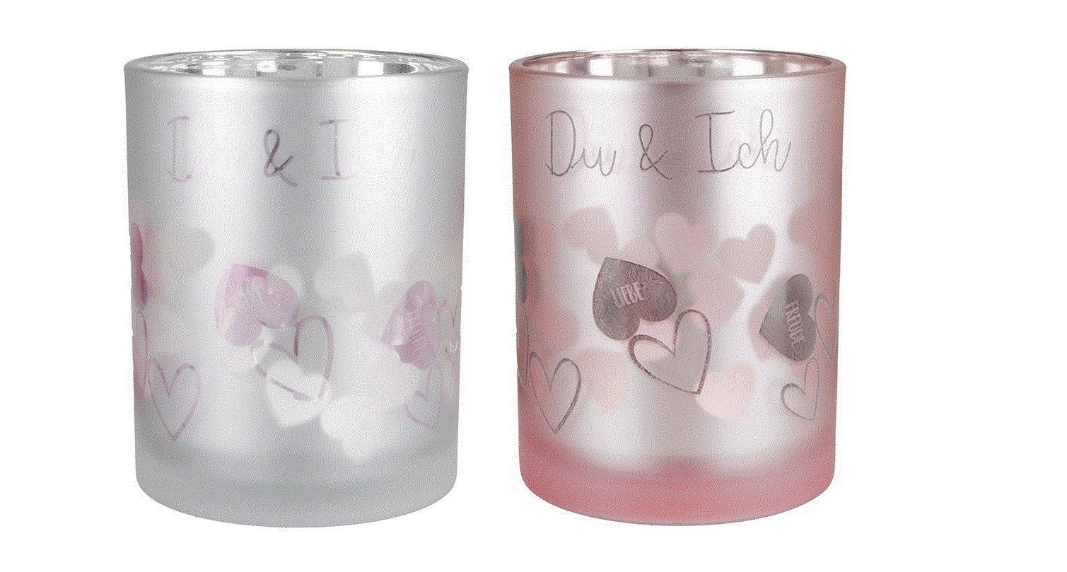 L, hoch, "Du&Ich" GILDE pink+silber Windlicht 18cm SET-Glas Größe Windlicht 2er
