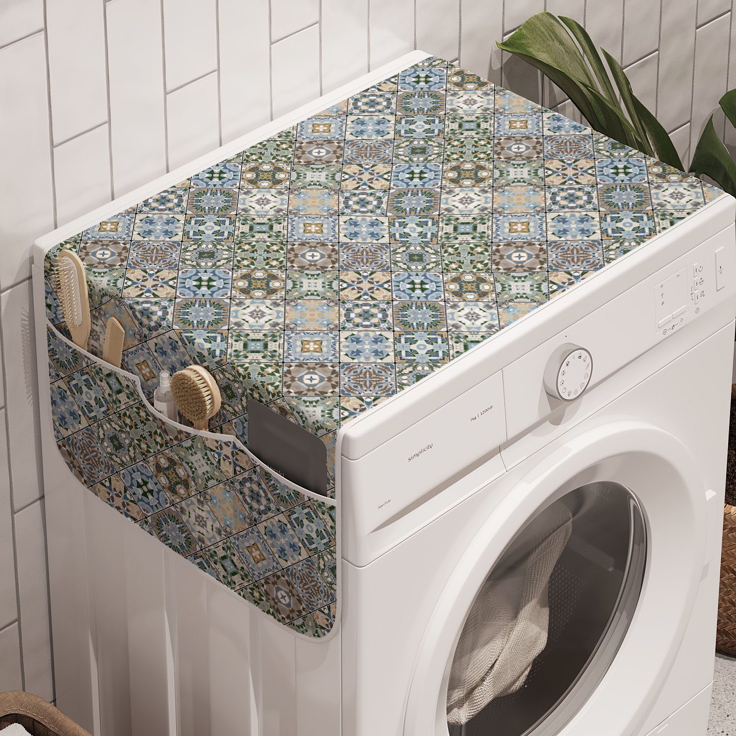 Abakuhaus Badorganizer Anti-Rutsch-Stoffabdeckung für Waschmaschine und Trockner, Azulejo Rhythmische Mosaiken Fliesen Kunst