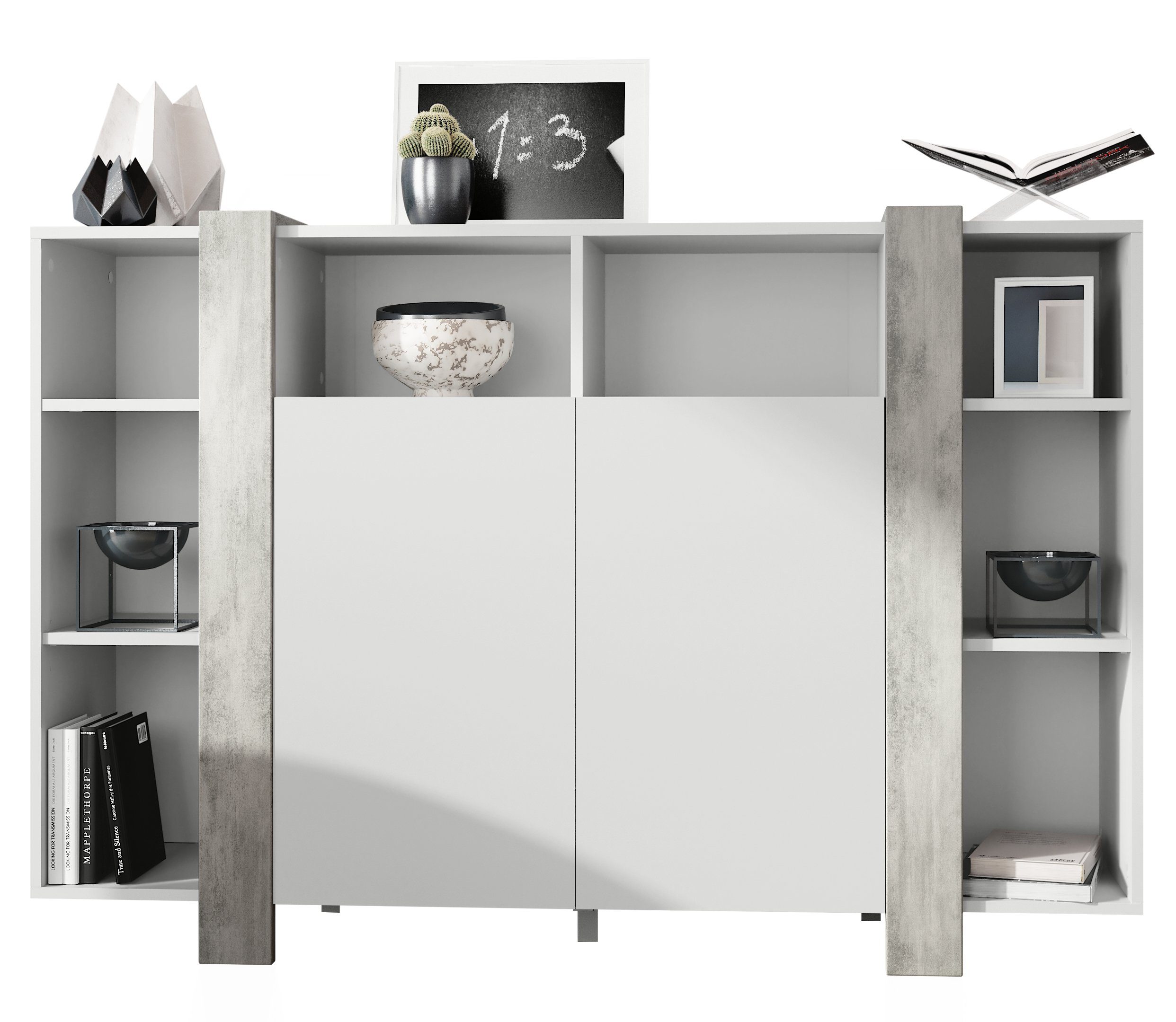 Vladon Highboard Ida (Anrichte, mit 2 Türen und 8 offene Fächer), Weiß matt/Beton Oxid Optik (149 x 101 x 34 cm)