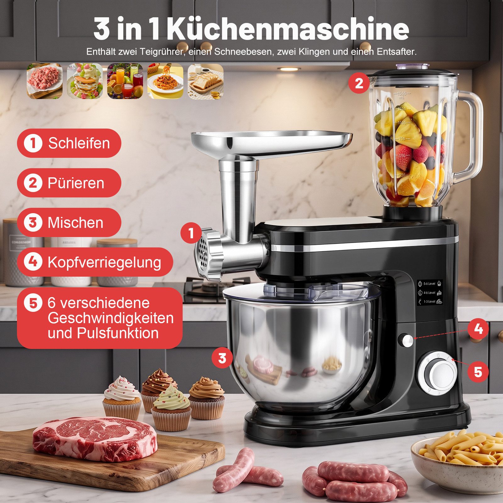 oyajia Küchenmaschine 3 in 1 Multifunktionale Knetmaschine 6-stufige Gescheindigkeit Mixer, mit Fleischwolf, 1.5L Saftpresse, 6L Edelstahlschüssel, 2000 W, 6 l Schüssel