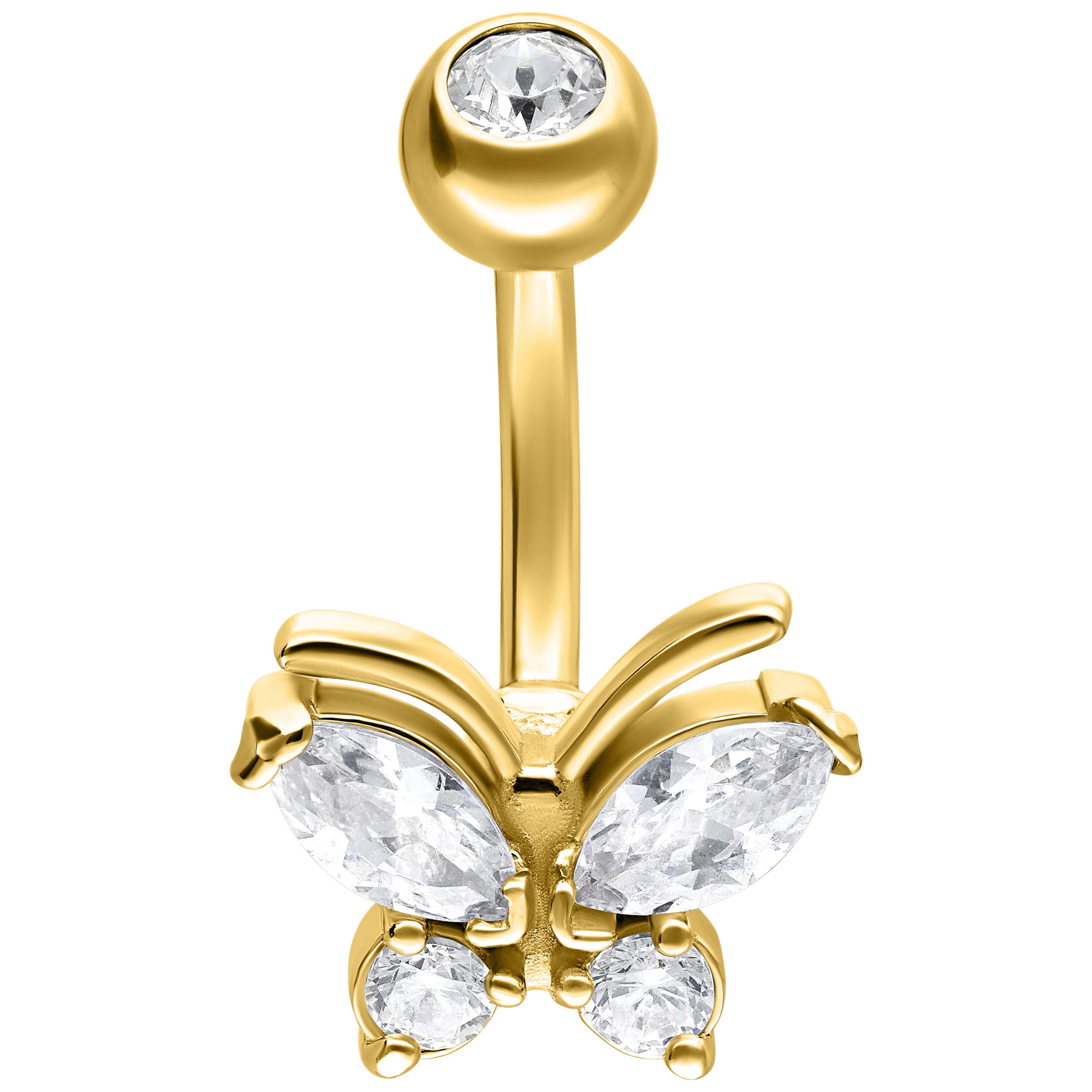 Wildcat Bauchnabelpiercing Butterfly Double Jewelled Bananabell für Bauchnabel, 1 Stück, Chirurgenstahl 316L - wasserfest, hautverträglich, Gold-Kristallklar