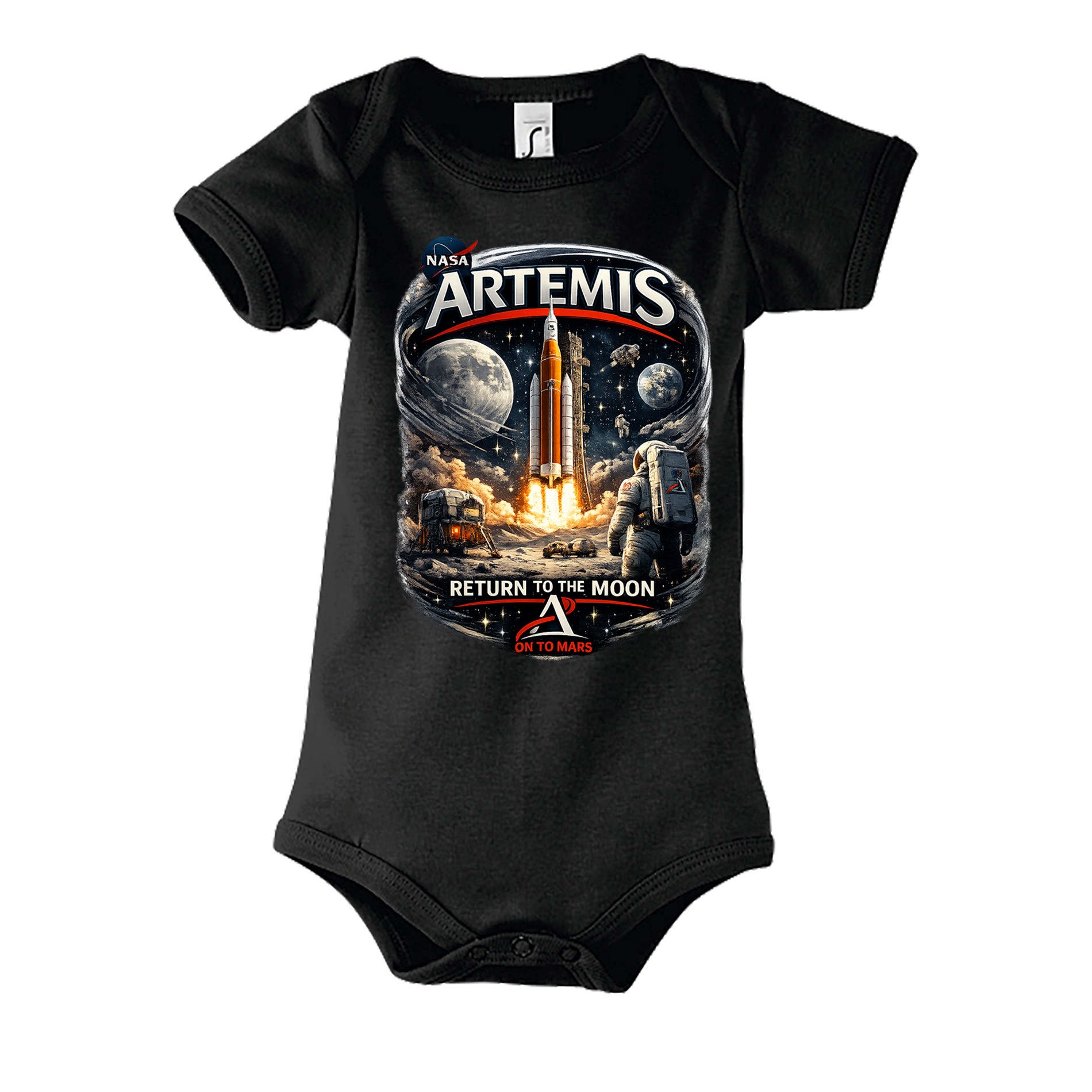 Blondie & Brownie Strampler Artemis Baby Body Raumfahrt Astronaut Mond Rakete Design (Einzelstück, Einzelartikel) Baby Body Artemis Space Astronaut Rocket Mond Galaxy Print Motiv Kids