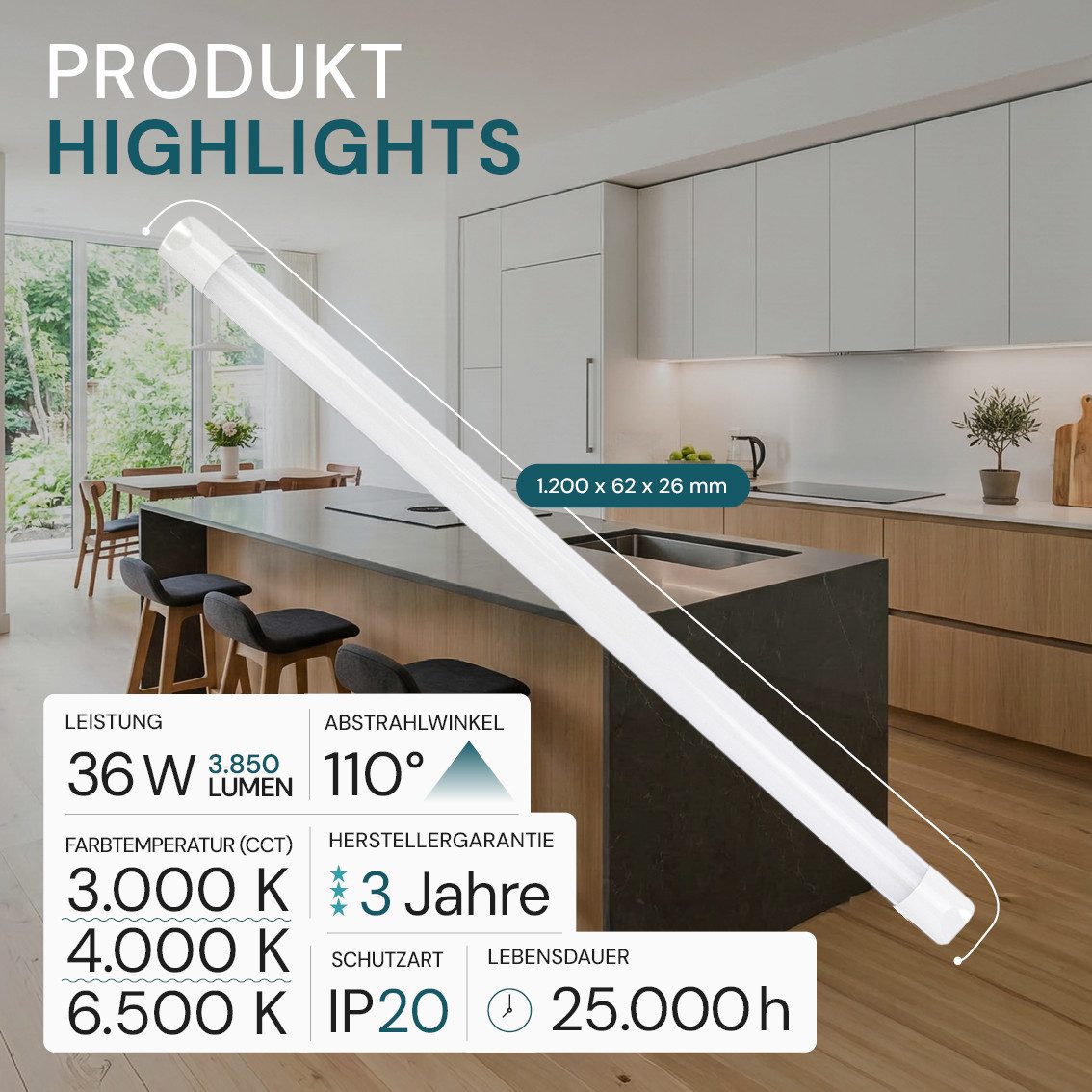 LUXULA LED Unterbauleuchte LUXULA LED Unterbauleuchte 120 cm 36 W CCT einstellbar Weiß, LED fest integriert, Farbwechsler – Bild 2 von 5