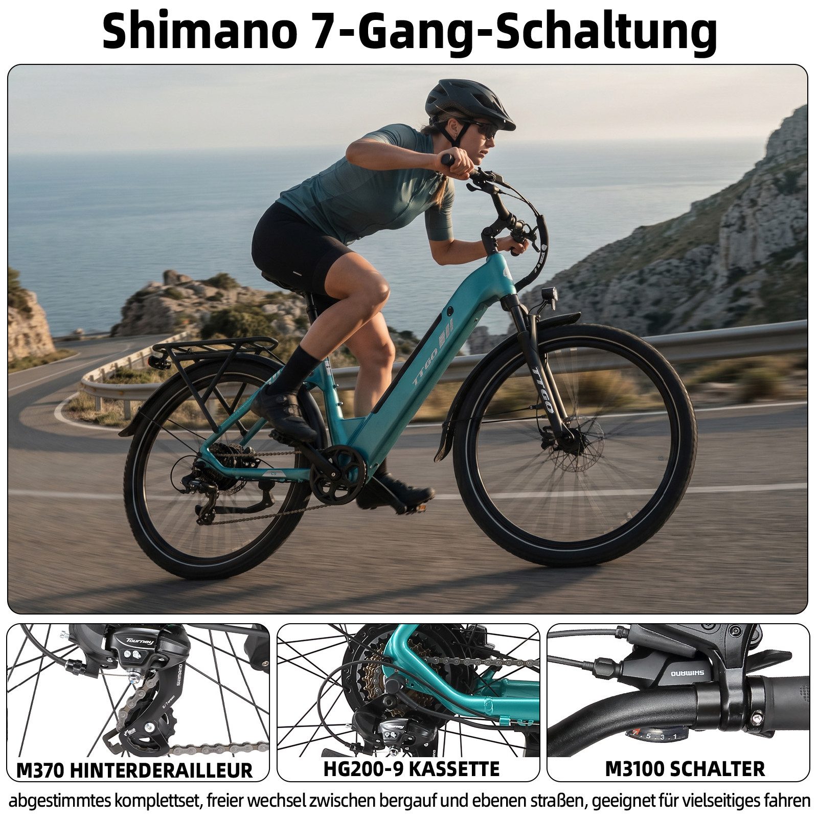 TTGO E-Bike Cityrad 28 Zoll, 70 Nm, Federsattelstütze, C5, für Alltag, Pendeln und Touren, 7 Gang Shimano, Kettenschaltung, Heckmotor, 648 Wh, City Pedelec mit 110 km Reichweite & Hydraulikbremsen
