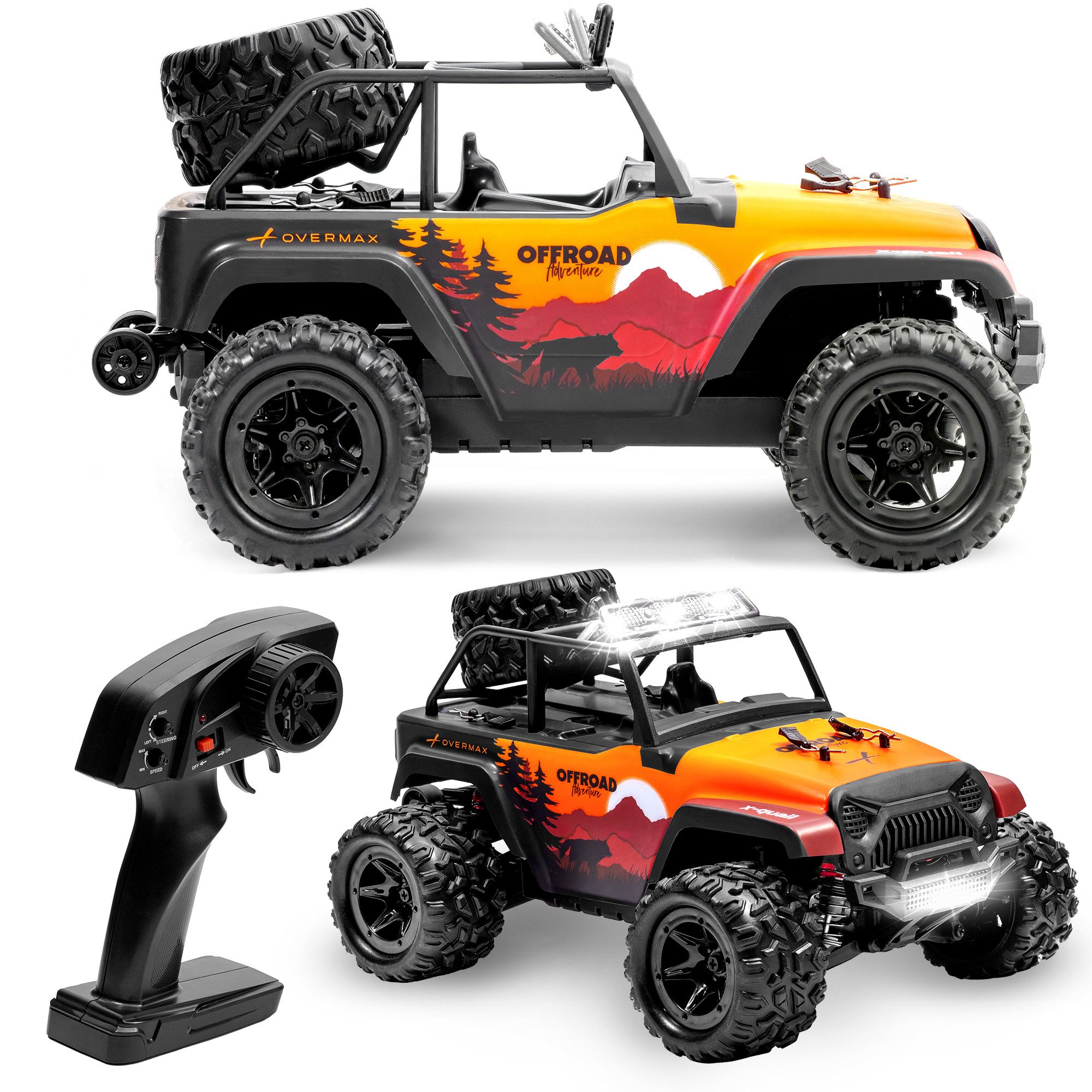 Overmax RC-Auto X-QUAIL (Set, Komplettset mit 2 Akkus, Controller und Zubehör), 4WD/3x LED/2 Akkus/25 km/h/1:18/Metallwelle