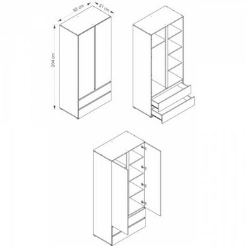 MOEBLO Kleiderschrank MOON M02 (Drehttüren Moderne Wohnzimmer Möbel, Kleiderschrank mit 2 Türen und 2 Schubkästen) - (BxHxT): 92x204x51 cm