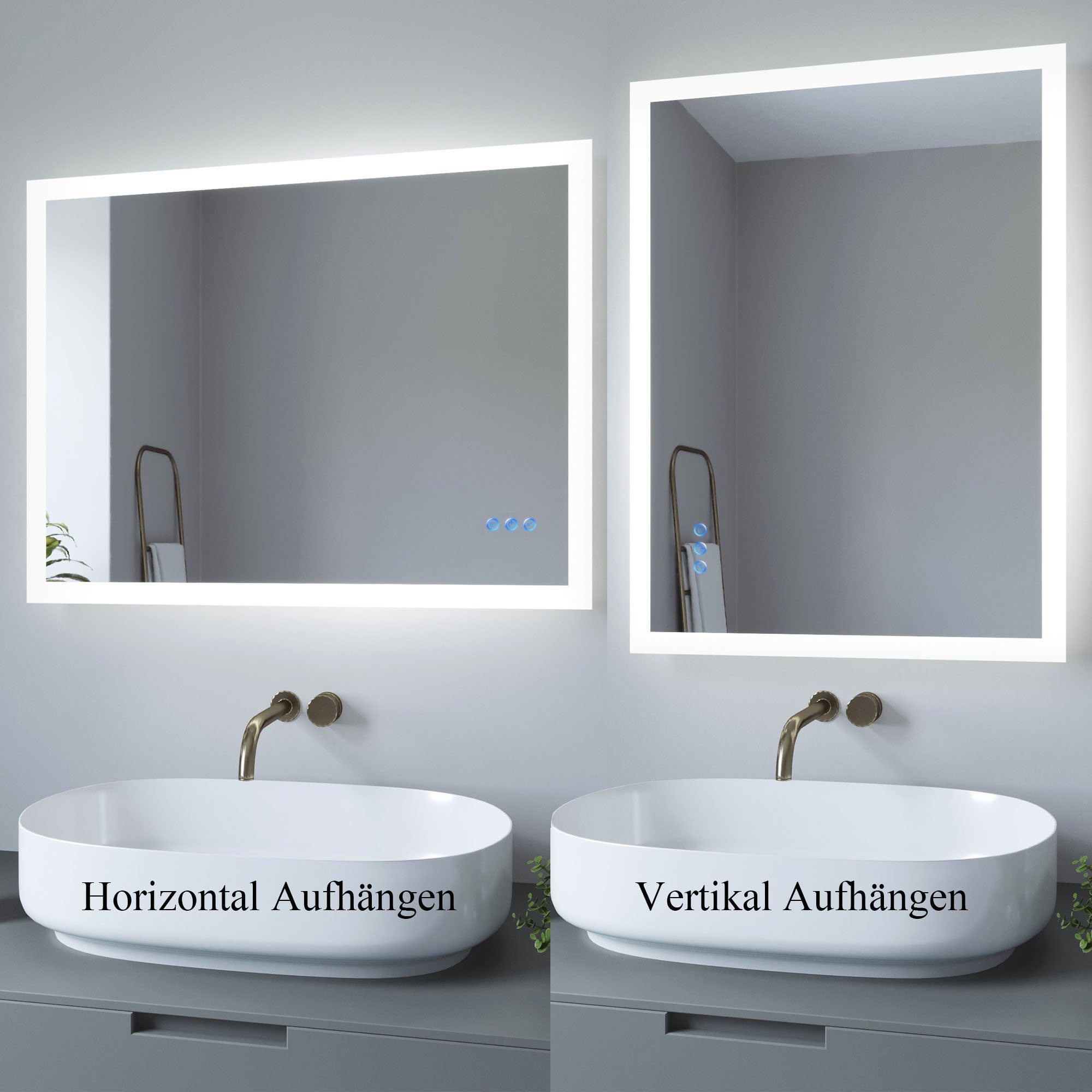 2 Warmweiß/Kaltweiß, Badspiegel LED Touch Sensor Badezimmerspiegel mit Wandspiegel Beschlagfrei, Lichtfarbe AQUALAVOS Badspiegel mit Beleuchtung