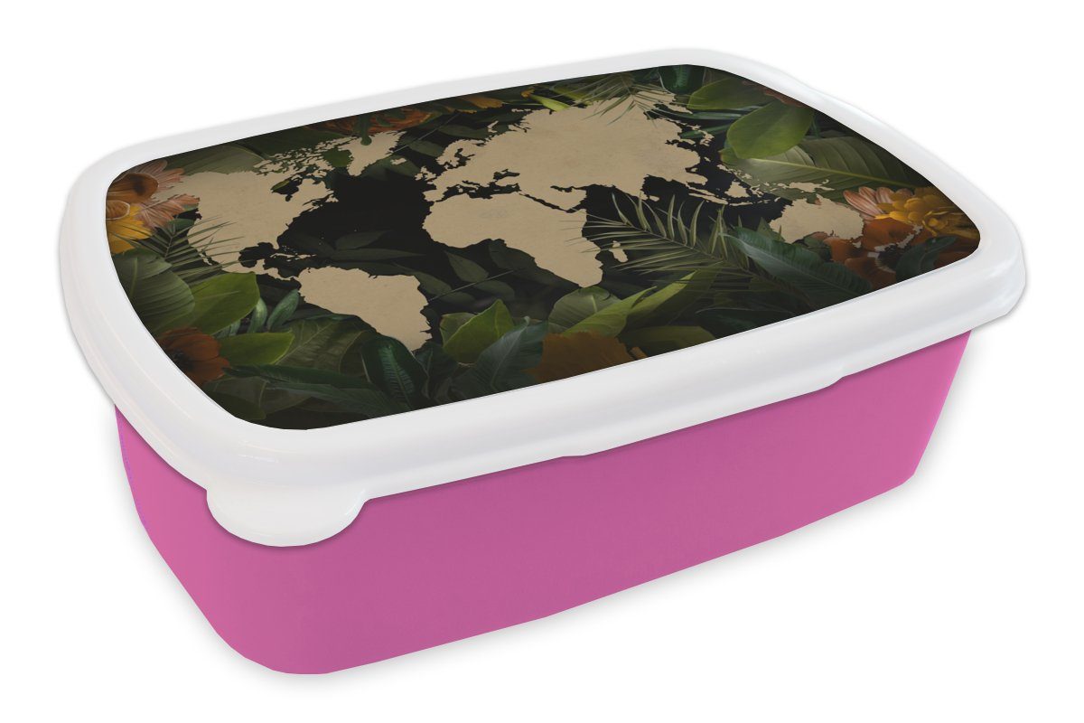 MuchoWow Lunchbox Weltkarte - Pflanzen - Blätter, Kunststoff, (2-tlg), Brotbox für Erwachsene, Brotdose Kinder, Snackbox, Mädchen, Kunststoff rosa
