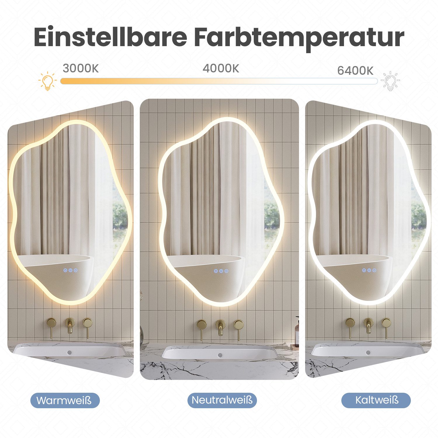 AQUALAVOS Badspiegel Badspiegel mit Beleuchtung Wandspiegel Asymmetrische Dekospiegel, Anti-Beschlag drei dimmbare Farbtemperaturen vertikale/horizontale – Bild 4 von 5