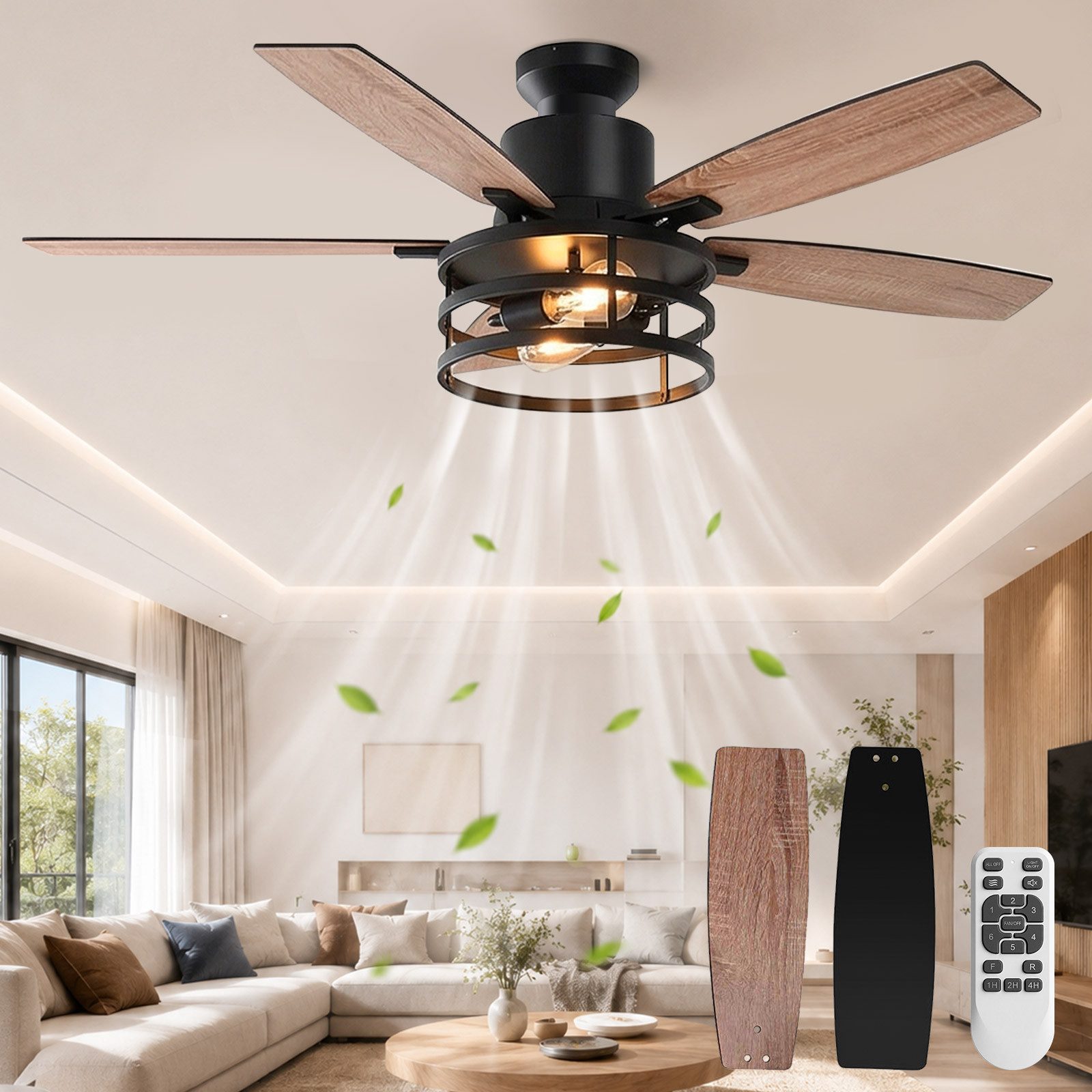 SERBASIC Deckenventilator Leise Deckenventilator mit Beleuchtung und Fernbedienung, Timer, 6 Windgeschwindigkeit, mit 2 Glühbirnen, für Schlafzimmer Wohnzimmer