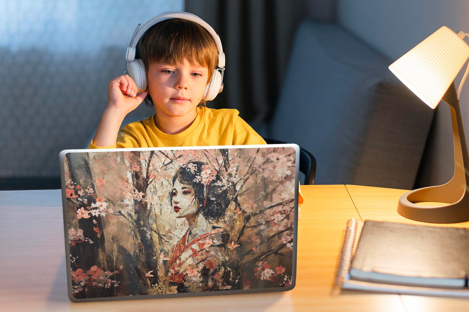 MuchoWow Laptop-Aufkleber Kimono - Frau - Kirschbäume, (1tlg), Aufkleber Geeignet für Laptops, Schutz vor Kratzern, Sticker, 31x22 cm