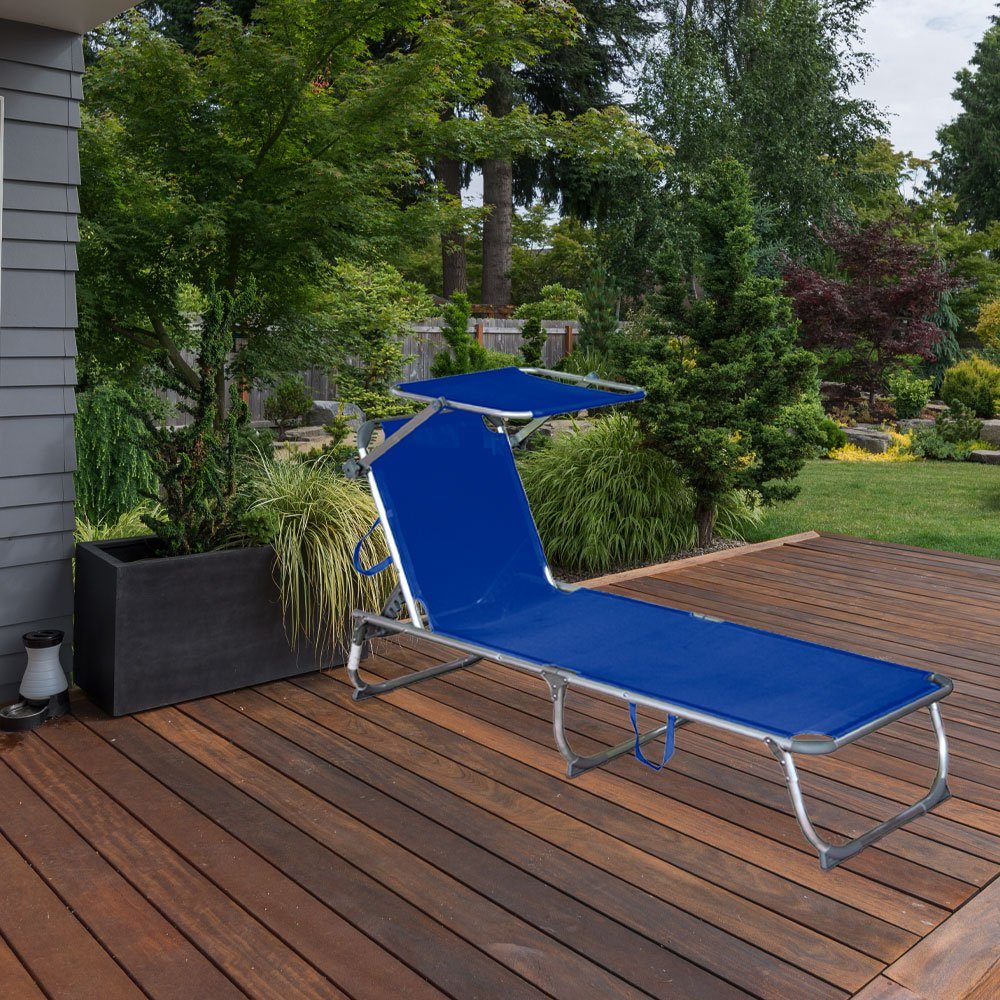 mit Sonnenliege verstellbar blau etc-shop Gartenstuhl, Dreibeinliege Alu/Stahl Sonnendach