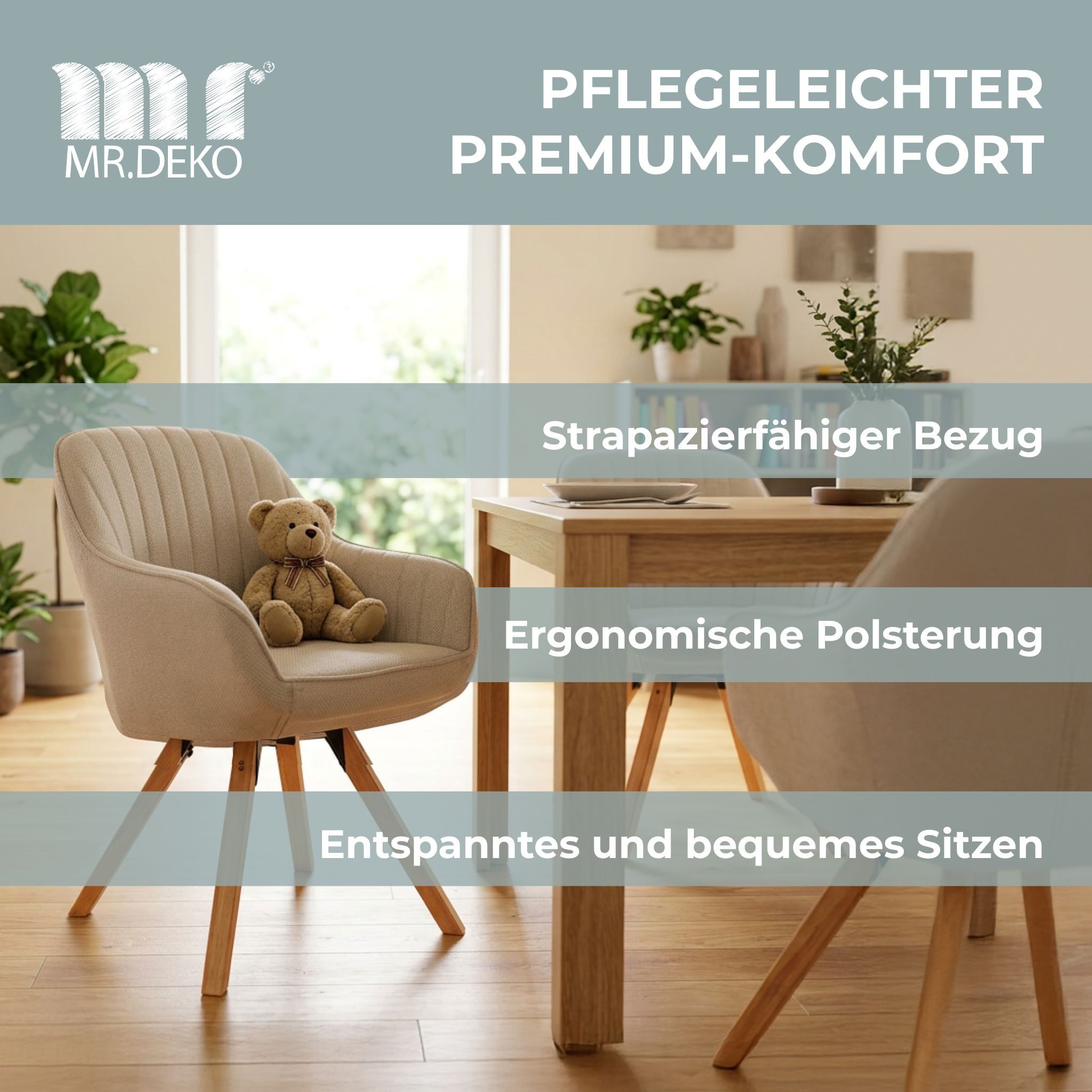 MR.DEKO Esszimmerstuhl Schminktisch Stuhl Matera Esszimmerstuhl drehbar FSC®100% (einzelnd, oder als Set erhältlich für Küche und Esszimmer, 1 St), 360° Drehfun – Bild 4 von 5