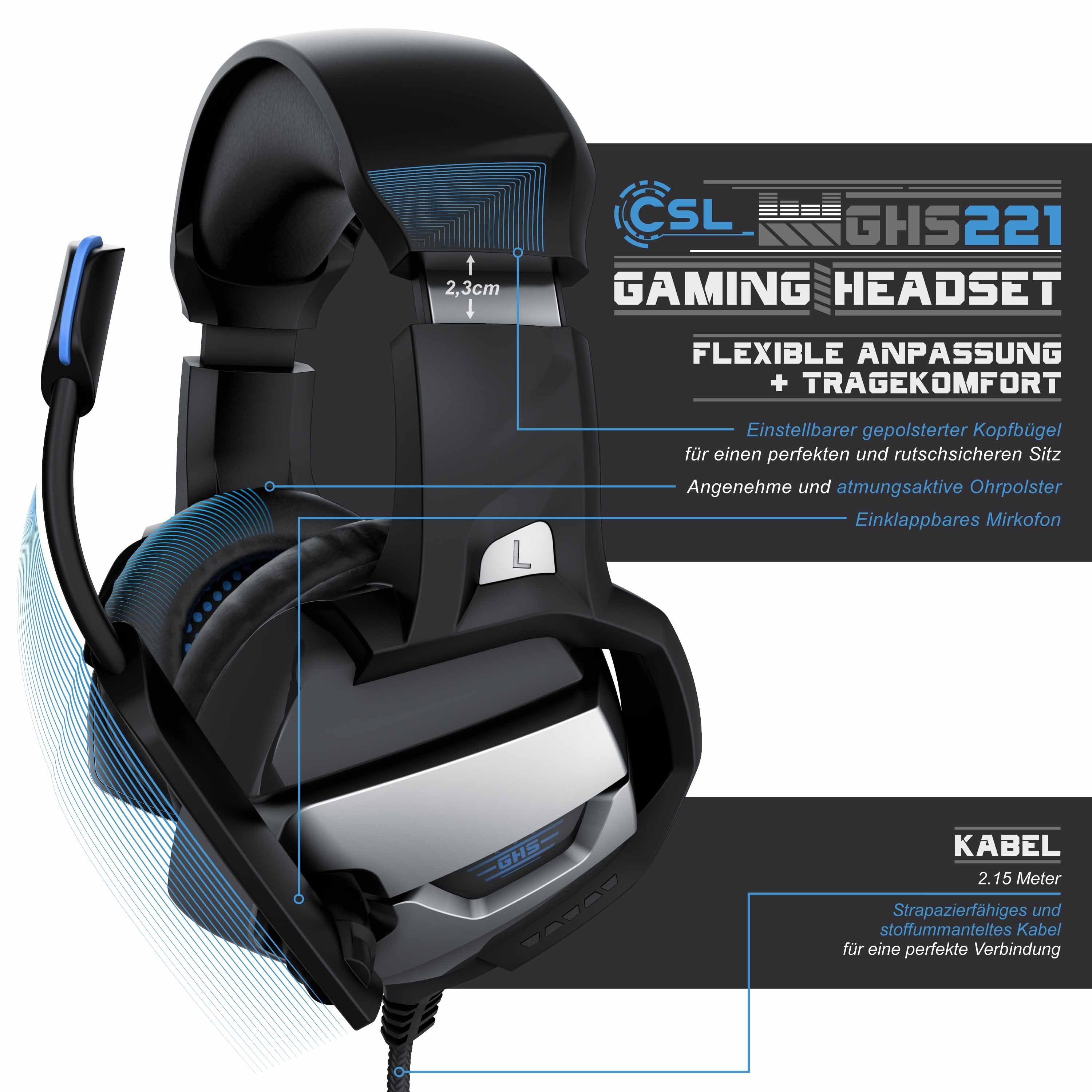 PS4/ + Mikrofon variabel Mittel- Basswiedergabe, kristallklaren Tieftonbereich verstellbar; Headset und Gaming-Headset CSL AUX (Blaue Bietet Kopfbügel Hoch-, "GHS-221" für LED-Beleuchtung; geeignet dynamische PS4 Gaming PC/ Pro)