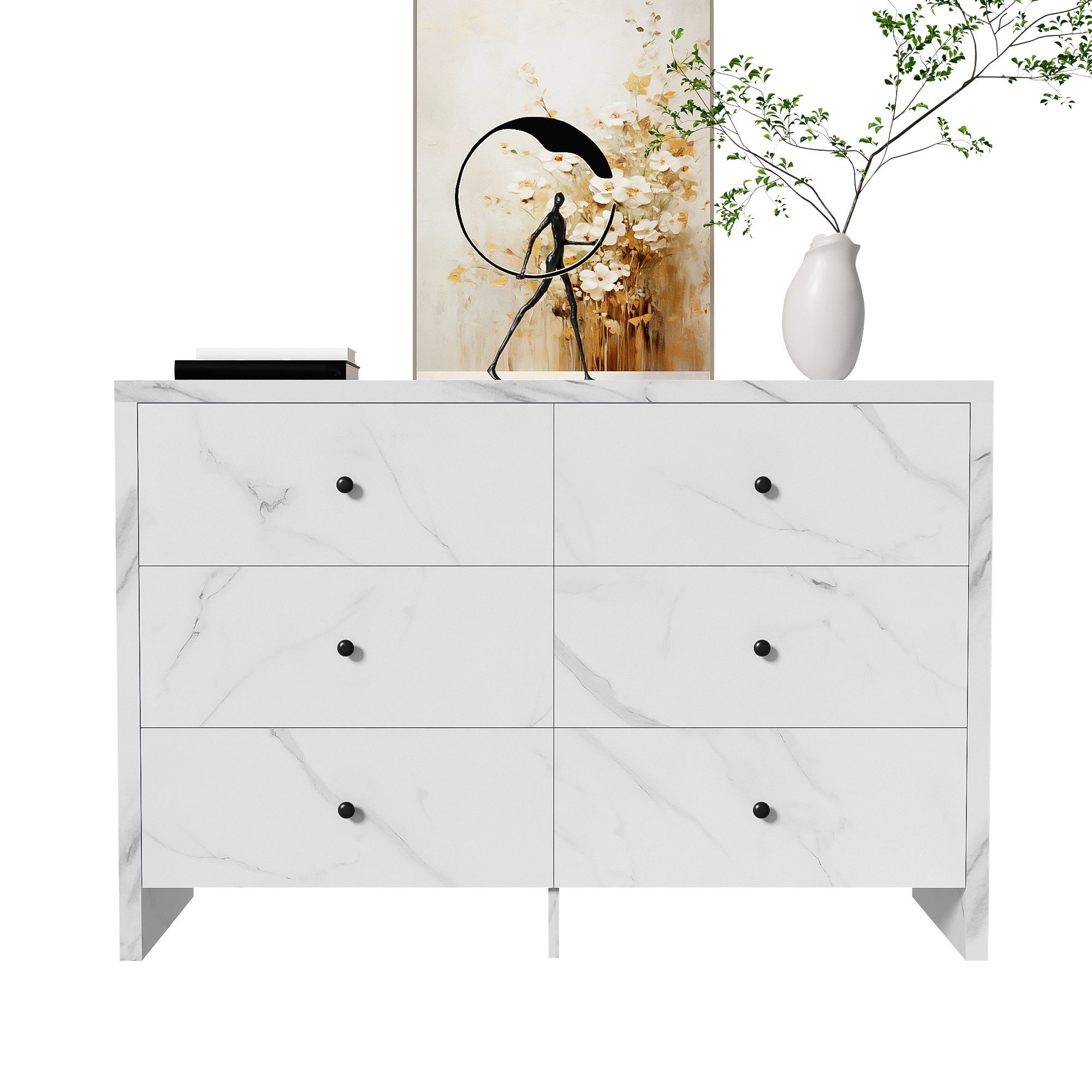 Odikalo Anrichte Sideboard Schrank Schließfach Kommode Marmor 6 Schubladen Anti-Kipp