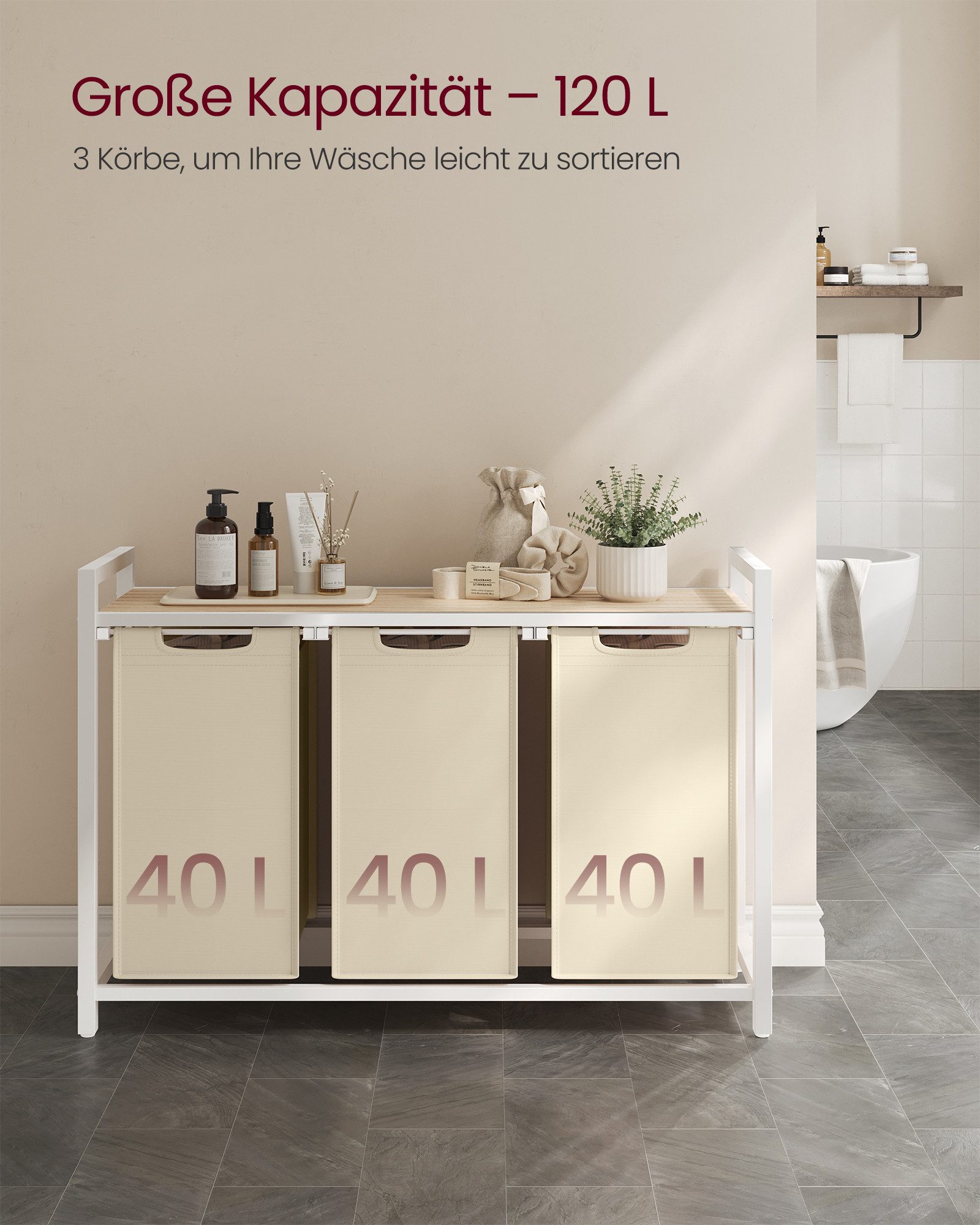 VASAGLE Wäschekorb 3 Fächer, mit Ablage, ausziehbar und abnehmbar, 3 Fächer, mit Ablage, ausziehbar und abnehmbar, 3 x 38 L