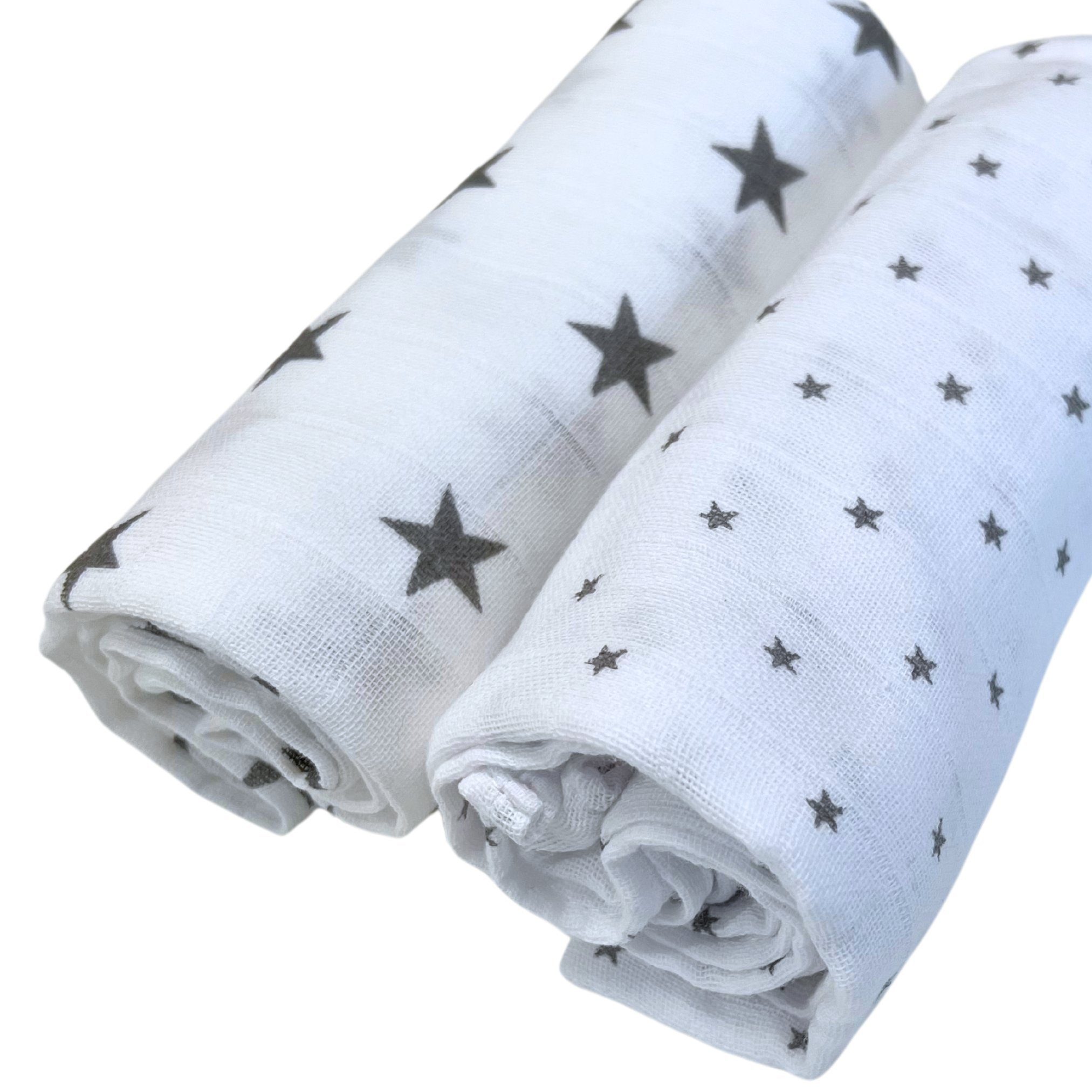 Mulltücher Made atmungsaktiv Starter 13903 und Stoffwindeln Sterne, "Stars" 2er Set), Set Stilltuch 120x120cm, in Pack XXL, grau Babymajawelt besonders 2-St., Europe, hautfreundlich (Packung,