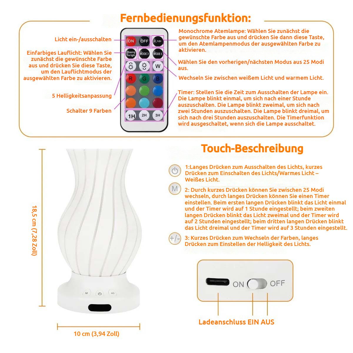 PRIISF LED Nachttischlampe LED Tischlampe Blumenvase Tischleuchte RGB Nachtlicht Vase Beleuchtung, AKKU-Wiederaufladbares, LED Tischvase Schreibtischlampe Nachtlampe Atmosphäre, RGB Farbwechsel Nachtleuchte Vasen Dekovase Stimmungslicht, Dekolicht Geschenk Für Valentinstag, Jahrestag, Geburtstag, Muttertag