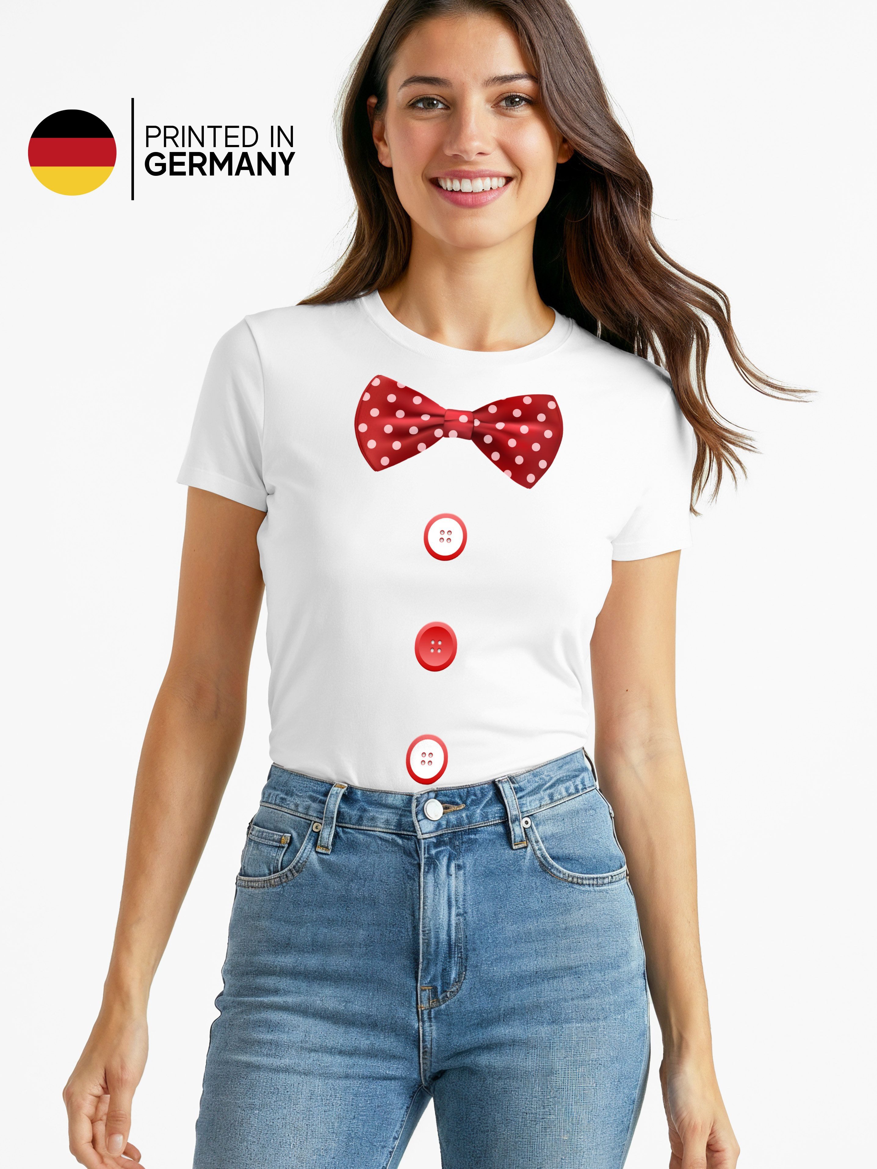 MoonWorks Print-Shirt Damen T-Shirt Fliege Knöpfe Schleife Clown Fasching Fastnacht mit Print